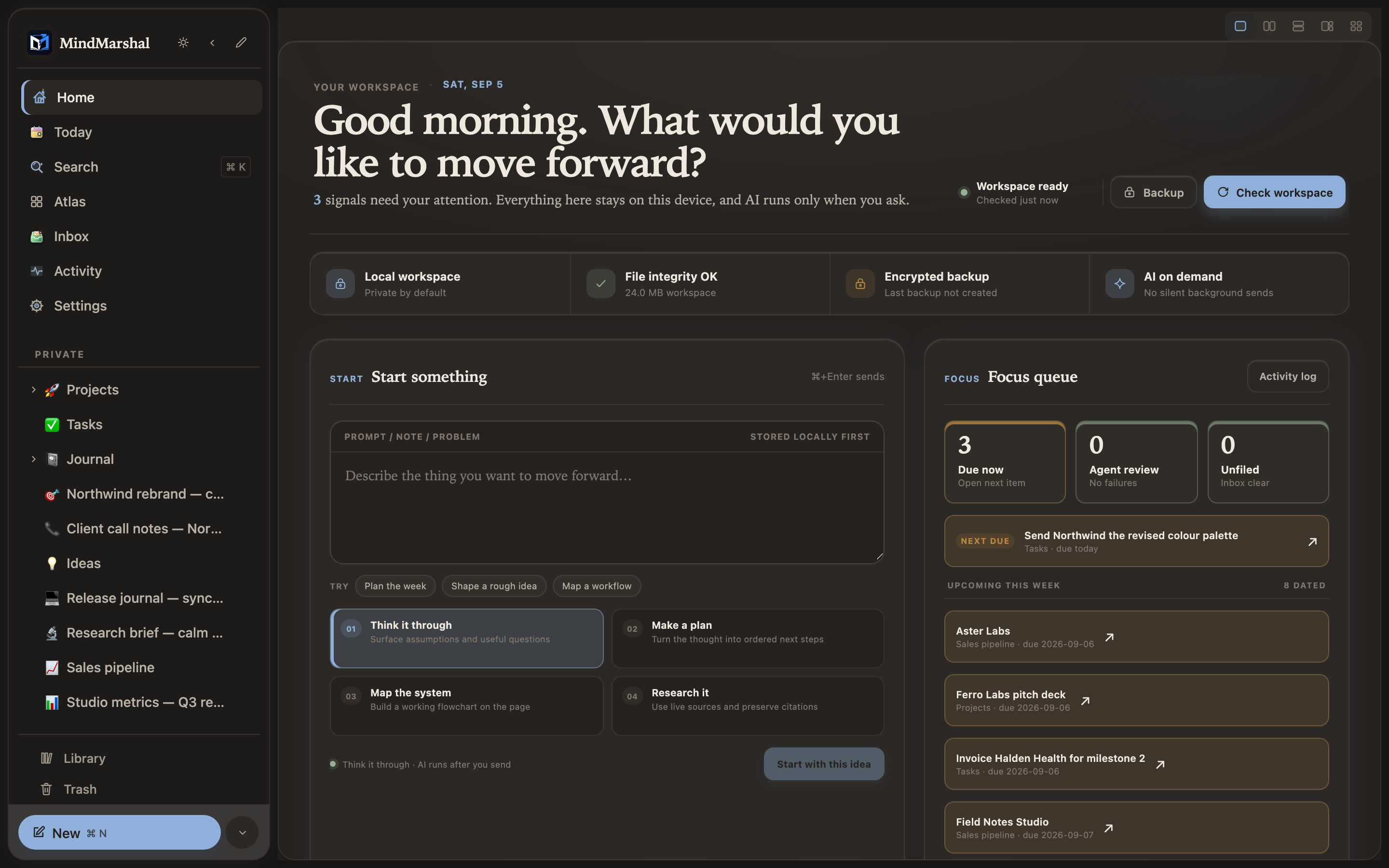 Mind Marshal Home in dark mode.