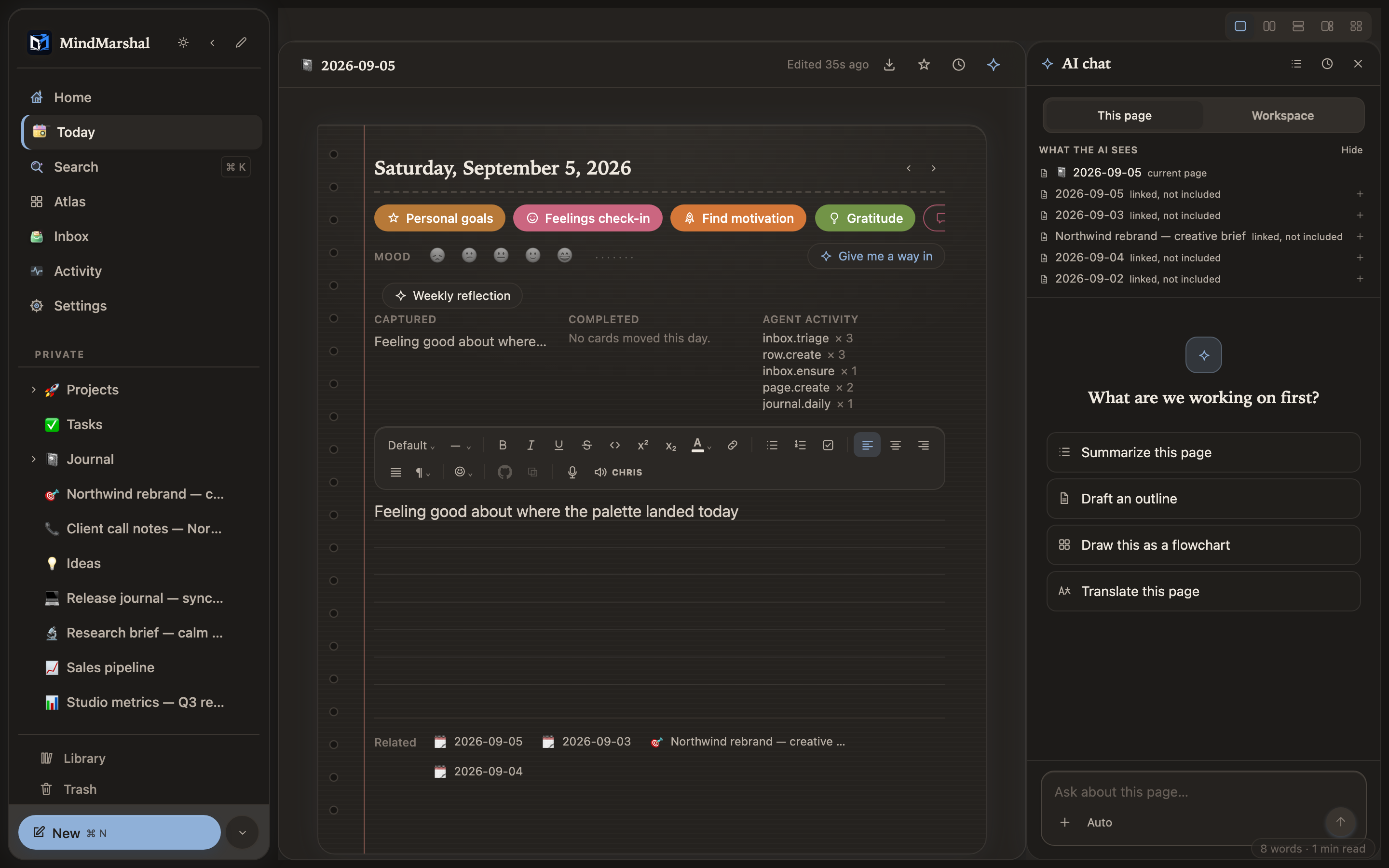 Mind Marshal — a daily note in dark mode.