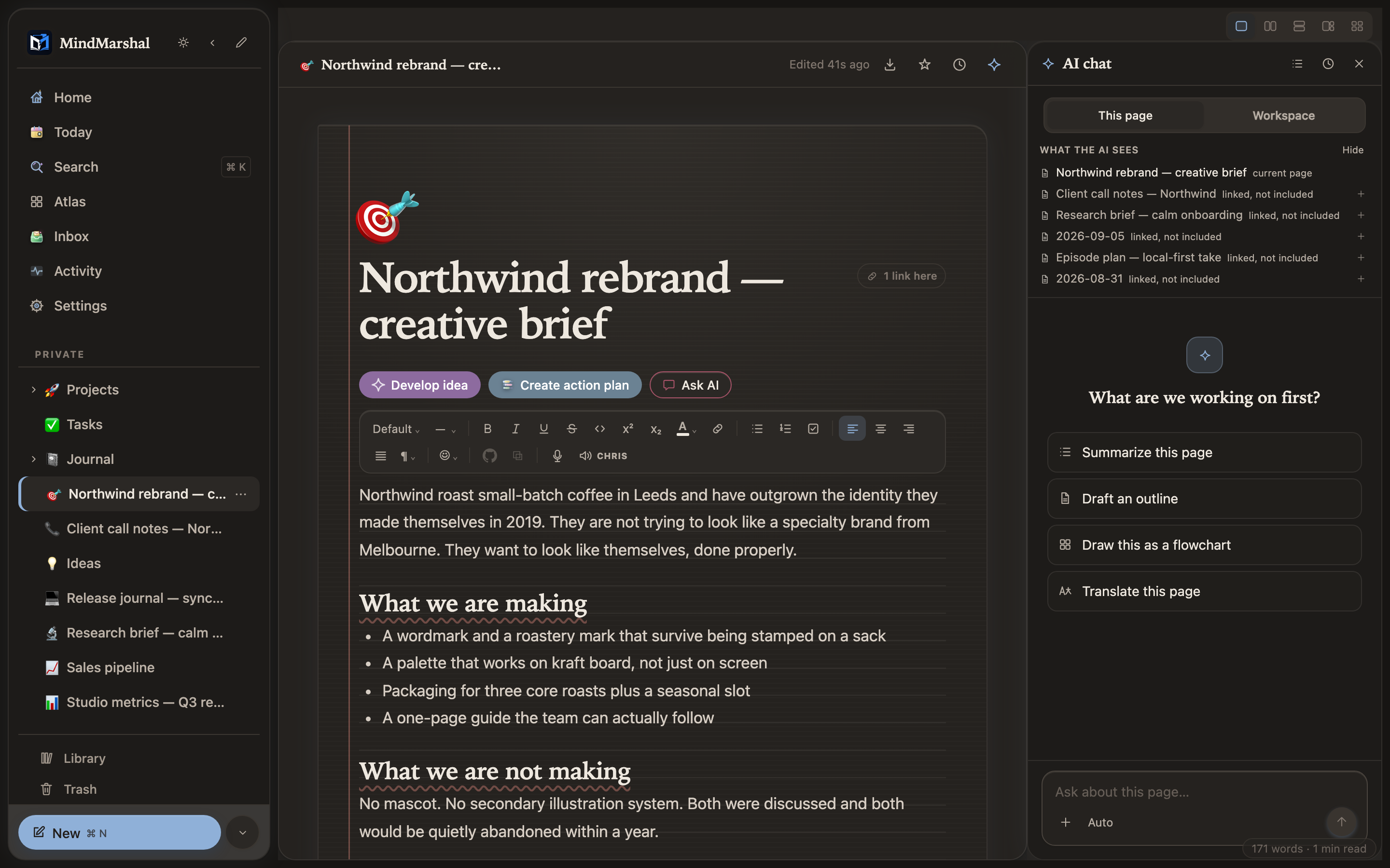 A structured page in the Mind Marshal editor, in dark mode.