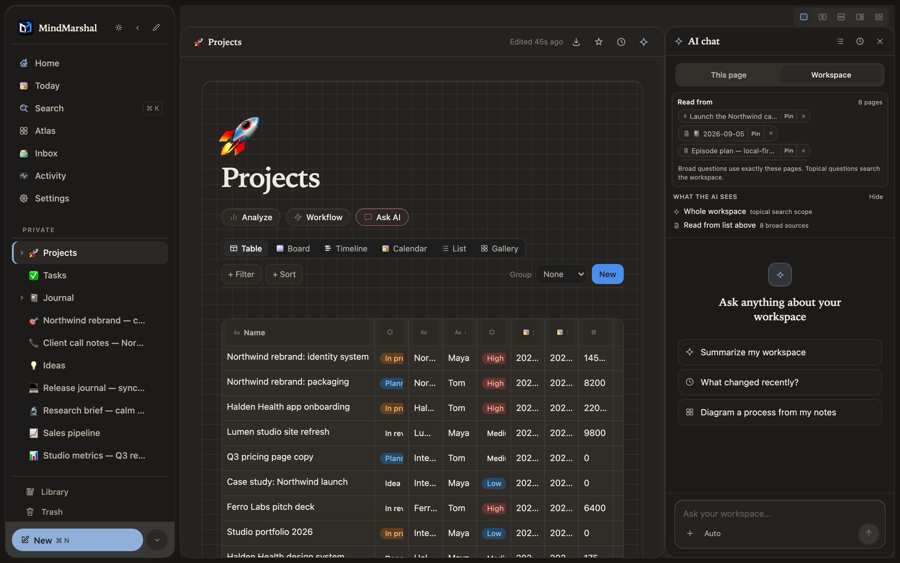 Mind Marshal — a projects database displayed as a table in dark mode.