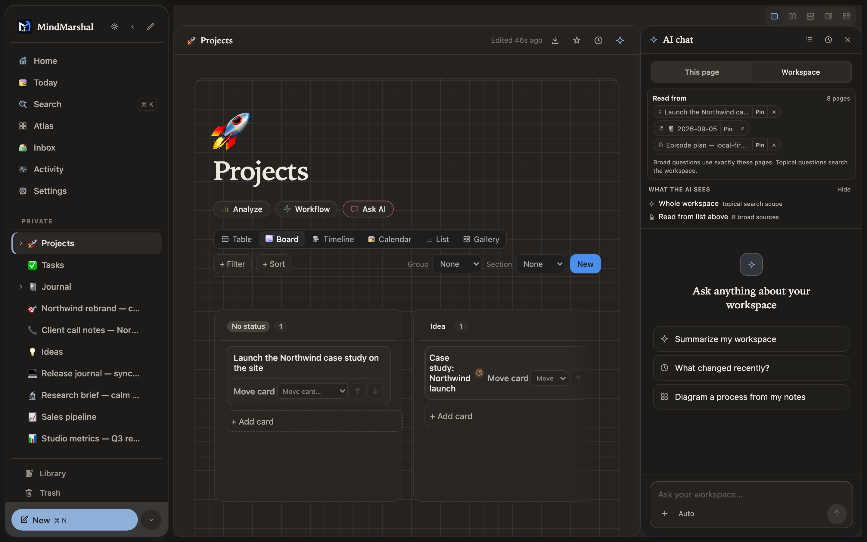 Mind Marshal — a projects board in dark mode.