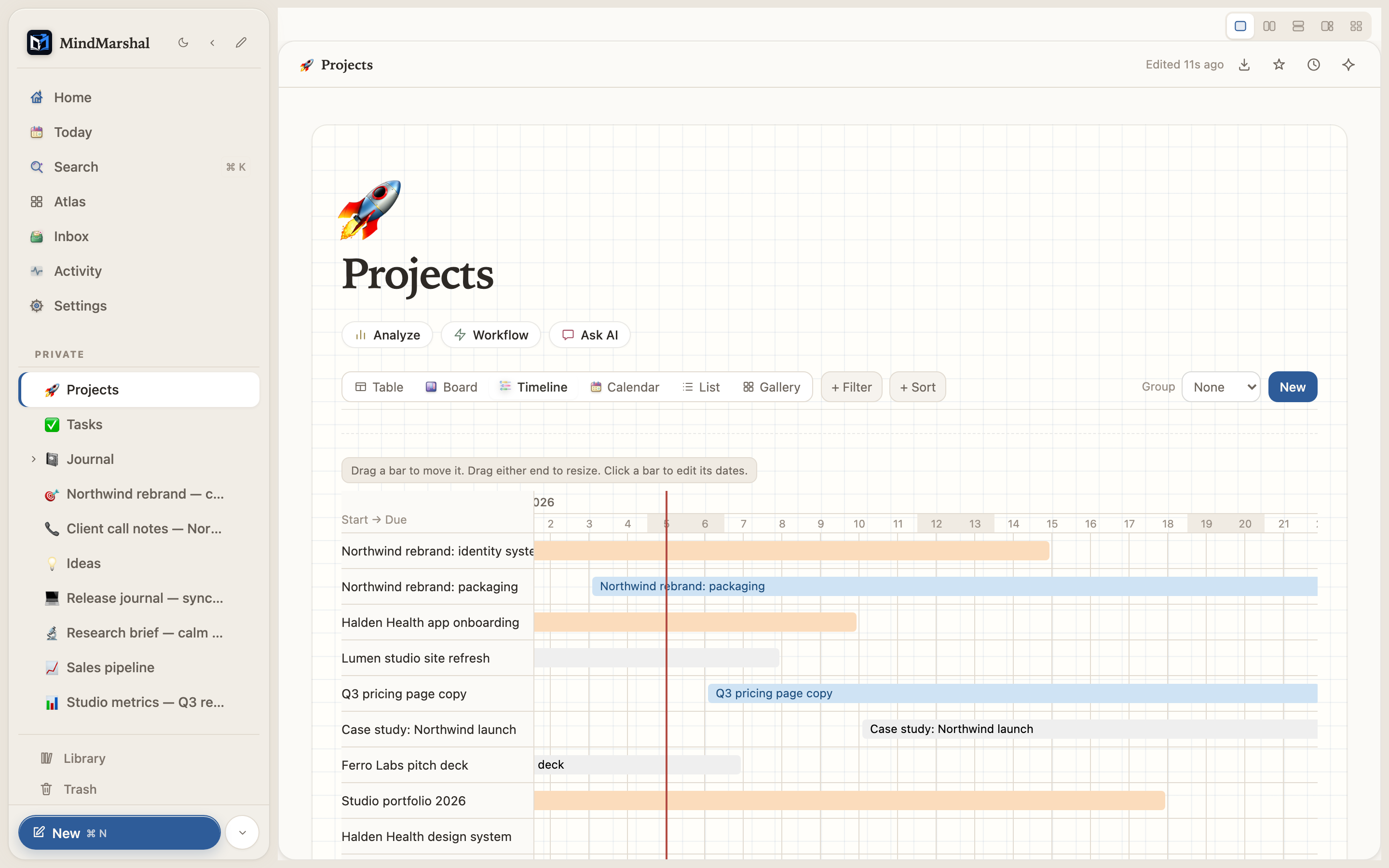 Mind Marshal — a projects timeline in light mode.