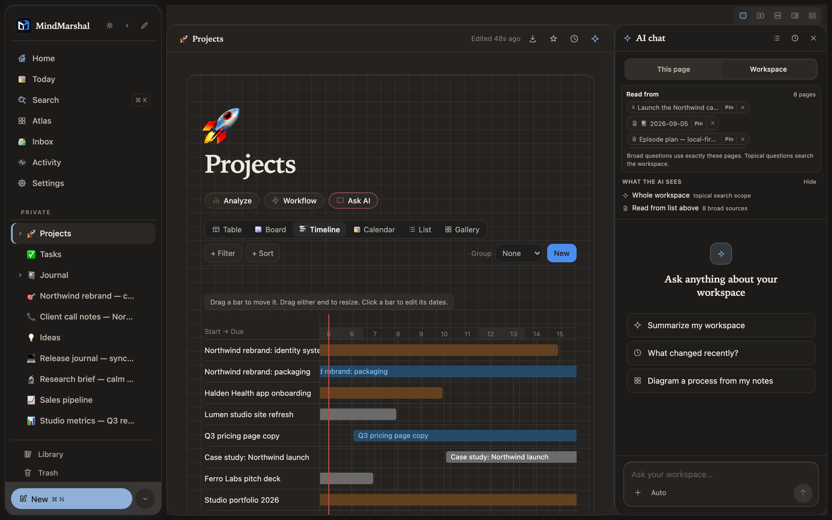 Mind Marshal — a projects timeline in dark mode.