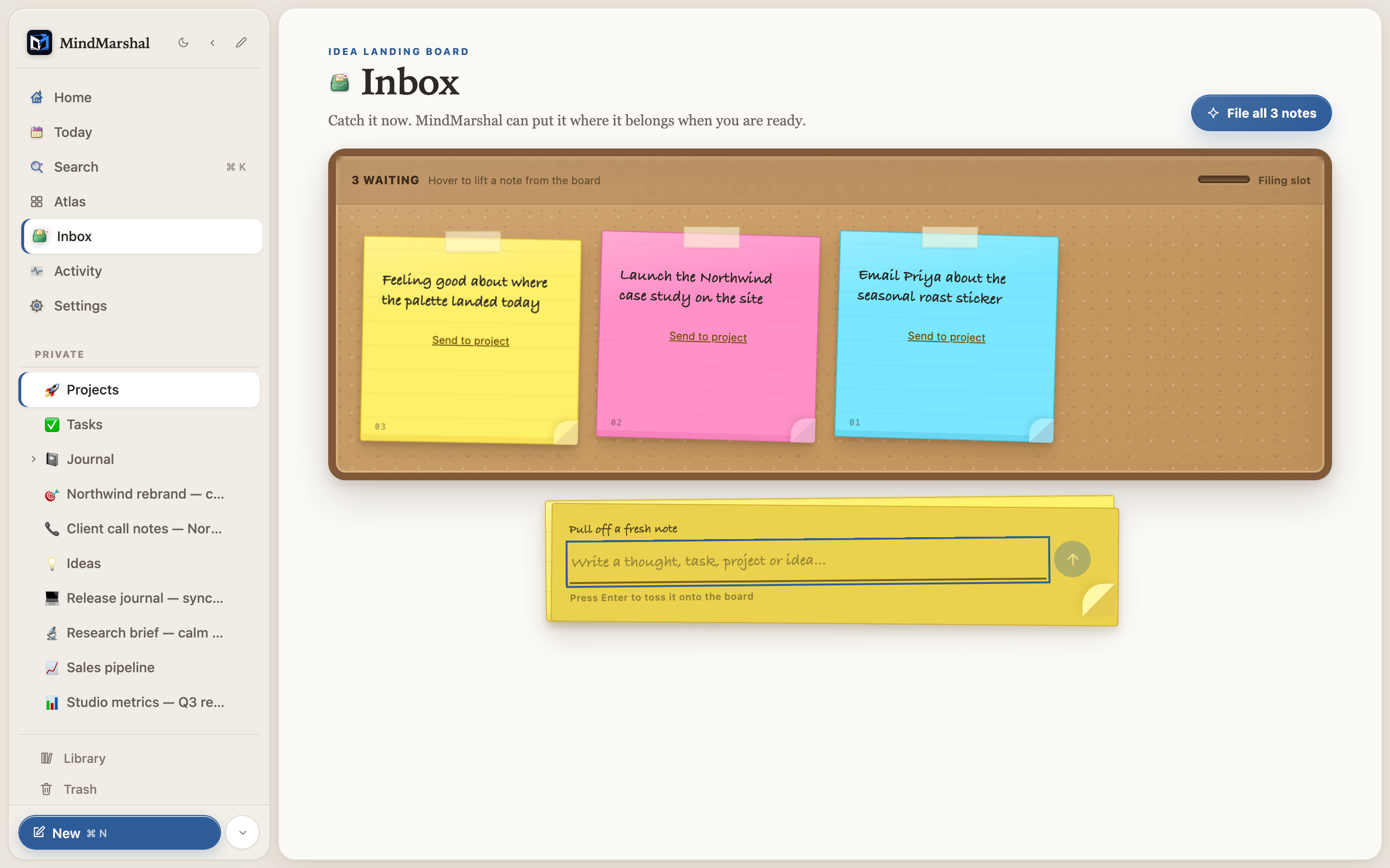 Mind Marshal — the Inbox with captured notes ready to organize.