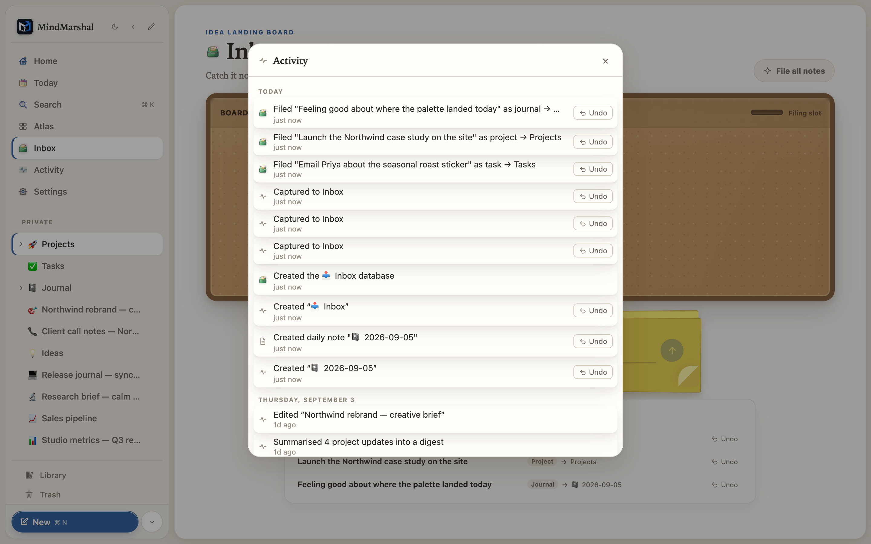 Mind Marshal — the activity view with a recent action and undo control.