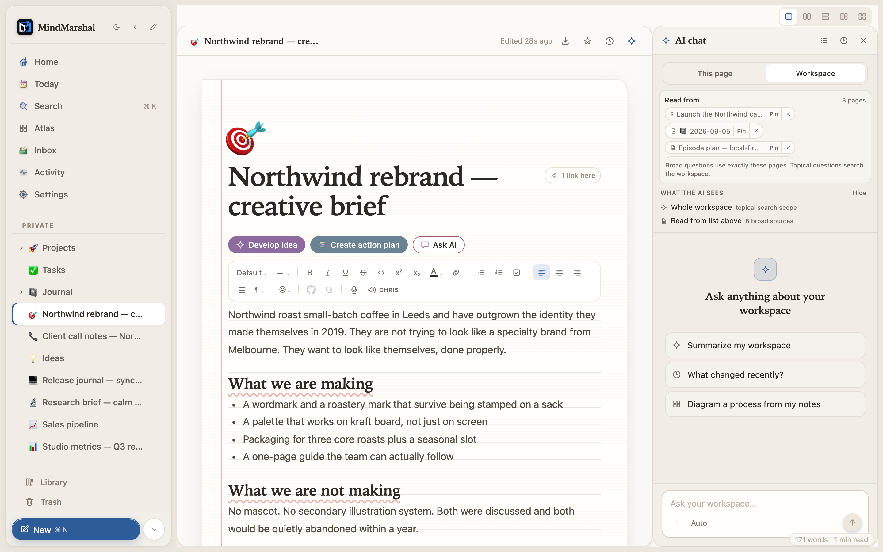 Mind Marshal — the optional workspace chat panel open beside a page.