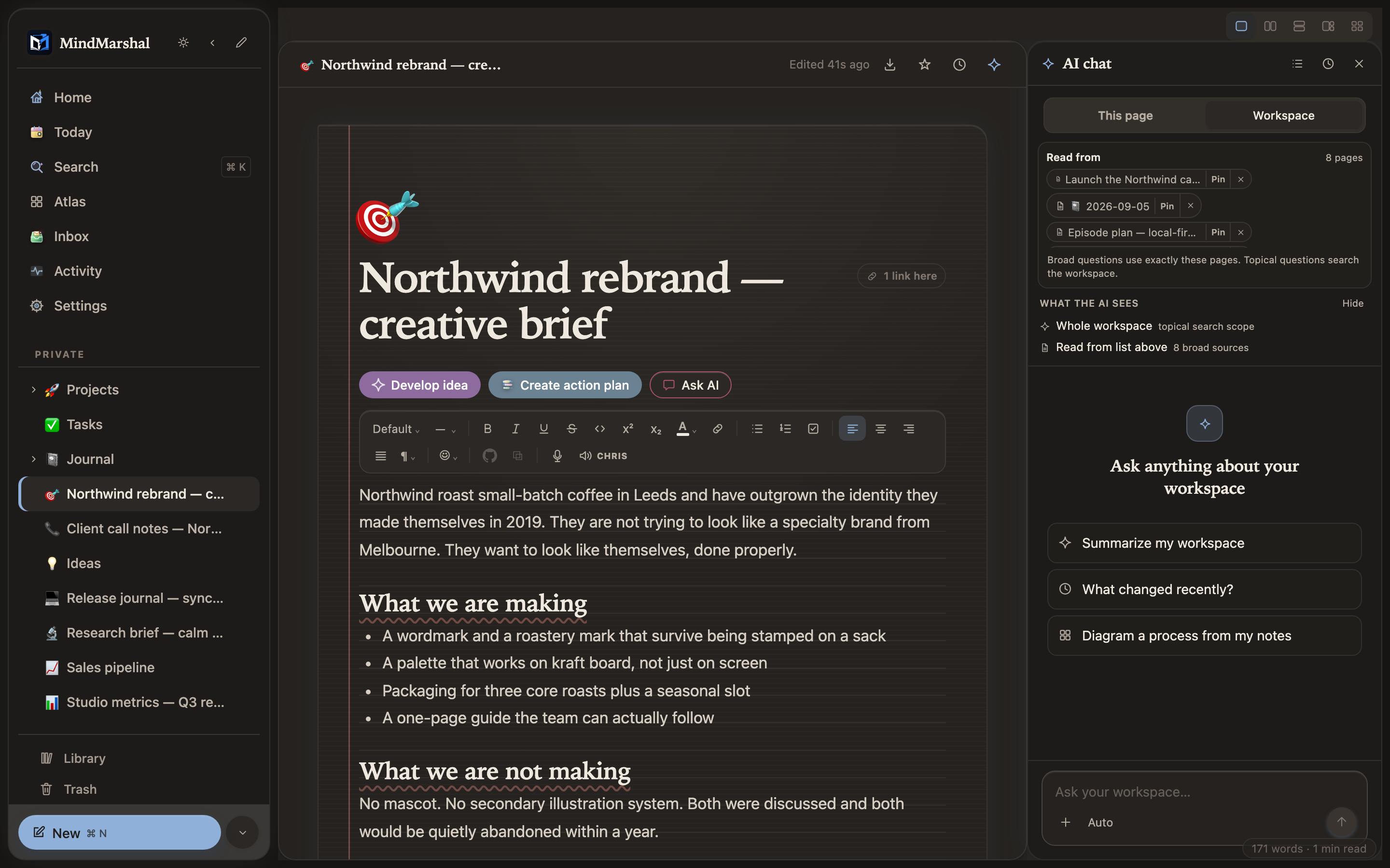 Mind Marshal — the optional chat panel in dark mode.
