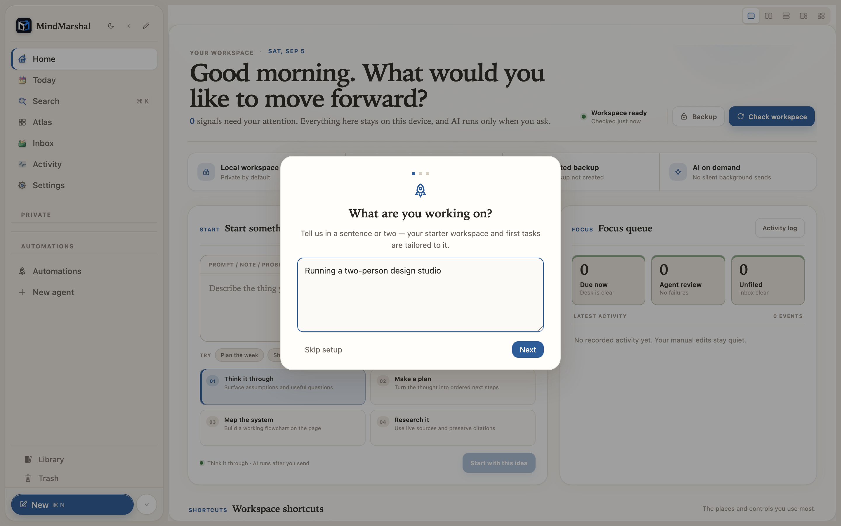The first onboarding screen for a new Mind Marshal workspace.