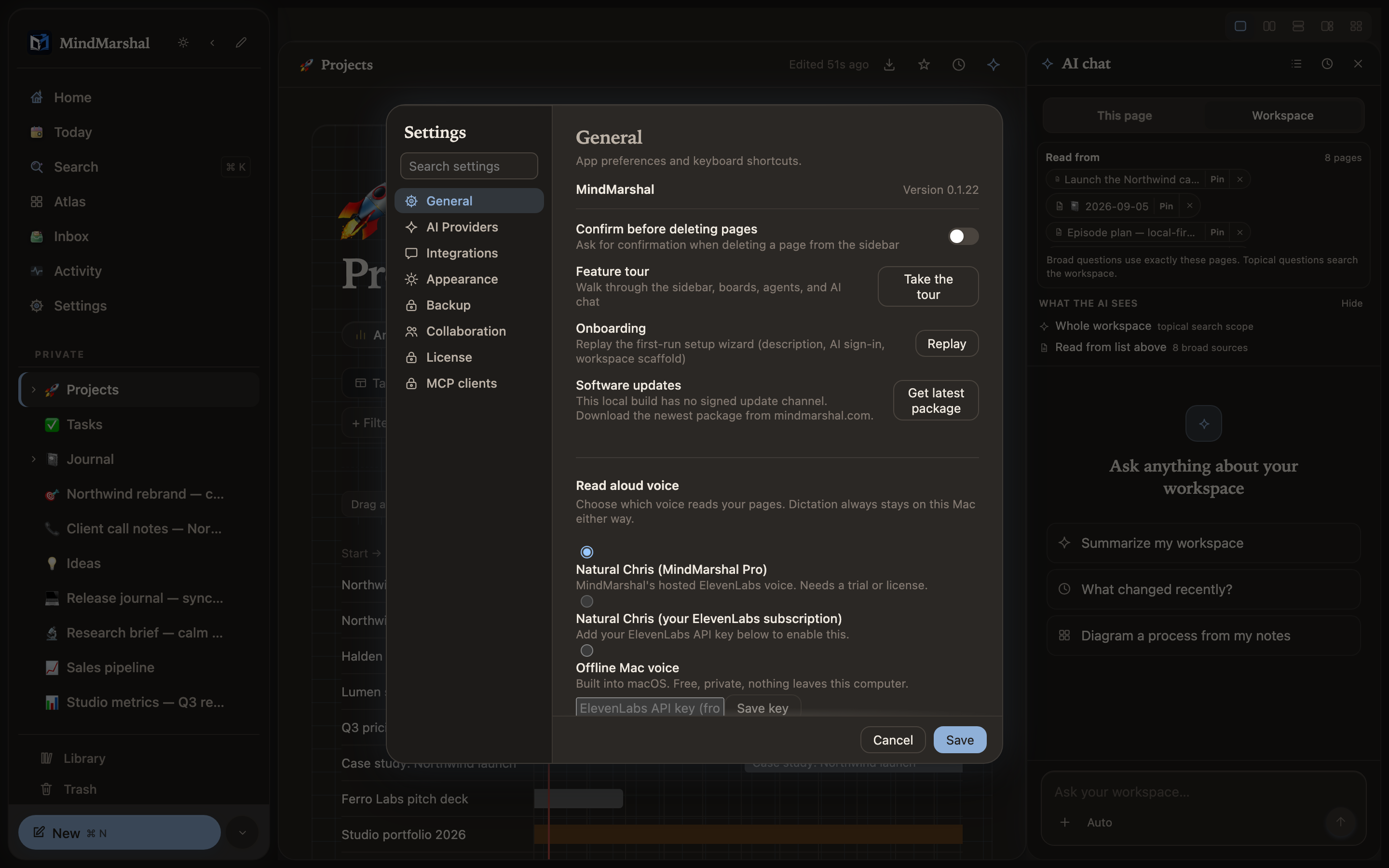 Mind Marshal — the settings panel in dark mode.