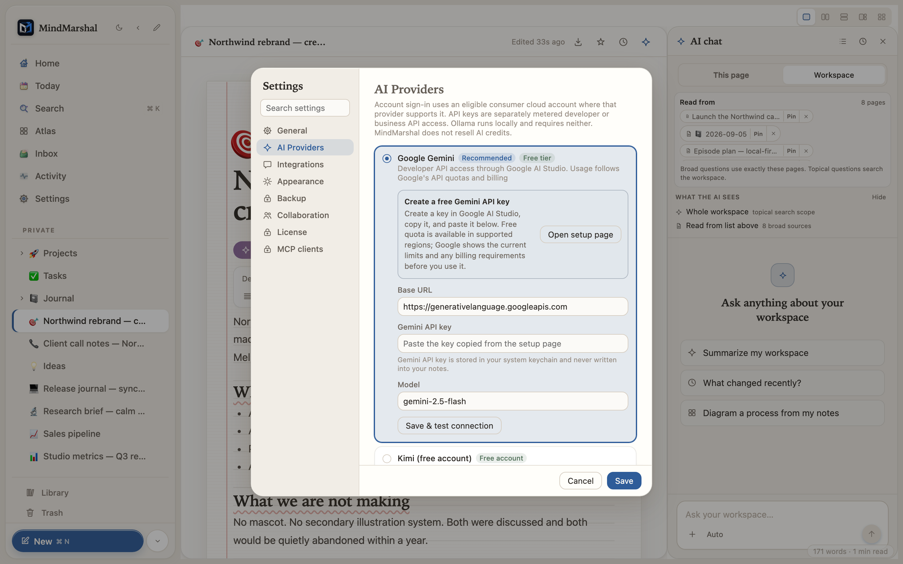 Mind Marshal — the AI provider settings screen.