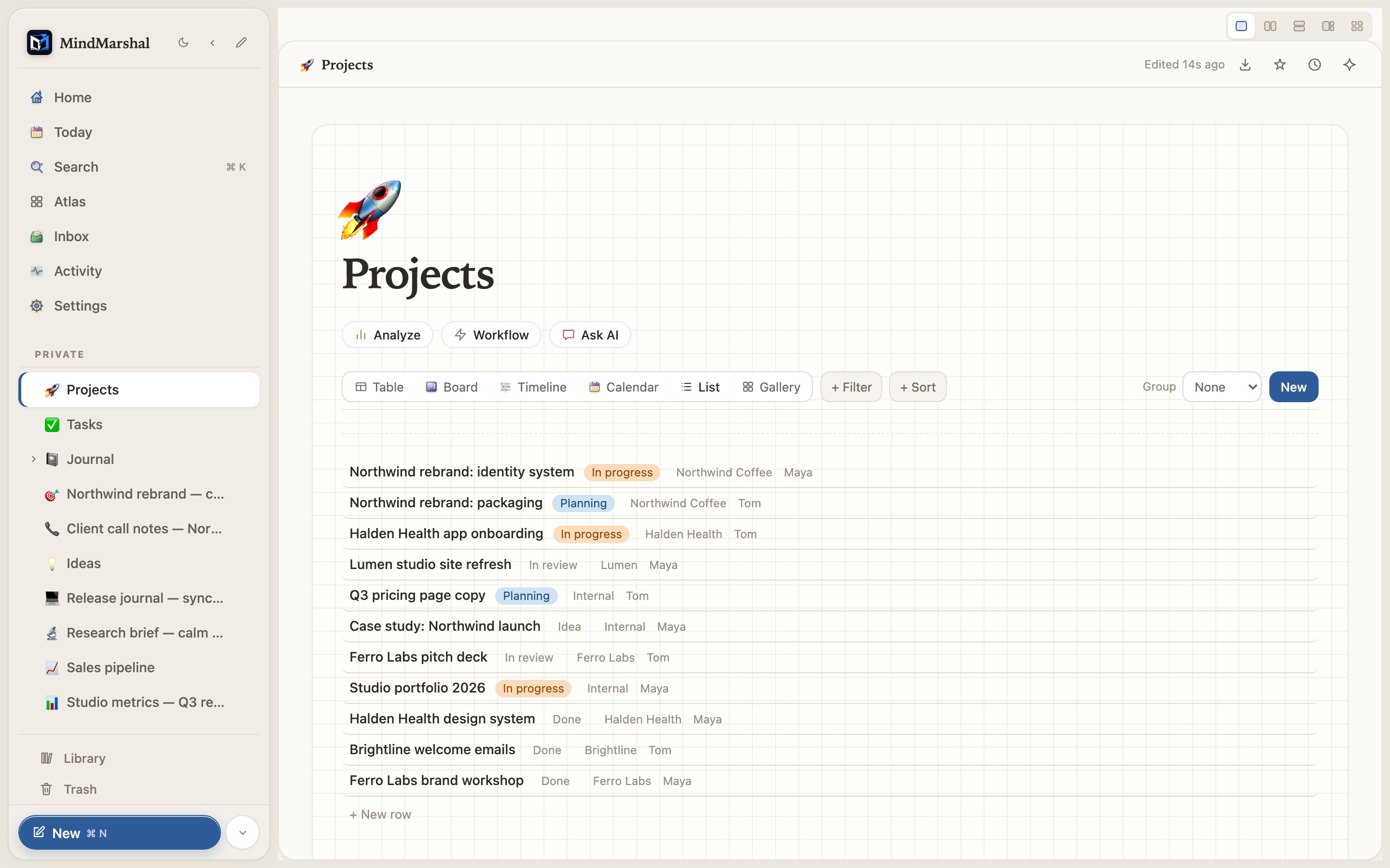 Mind Marshal — a database list view.