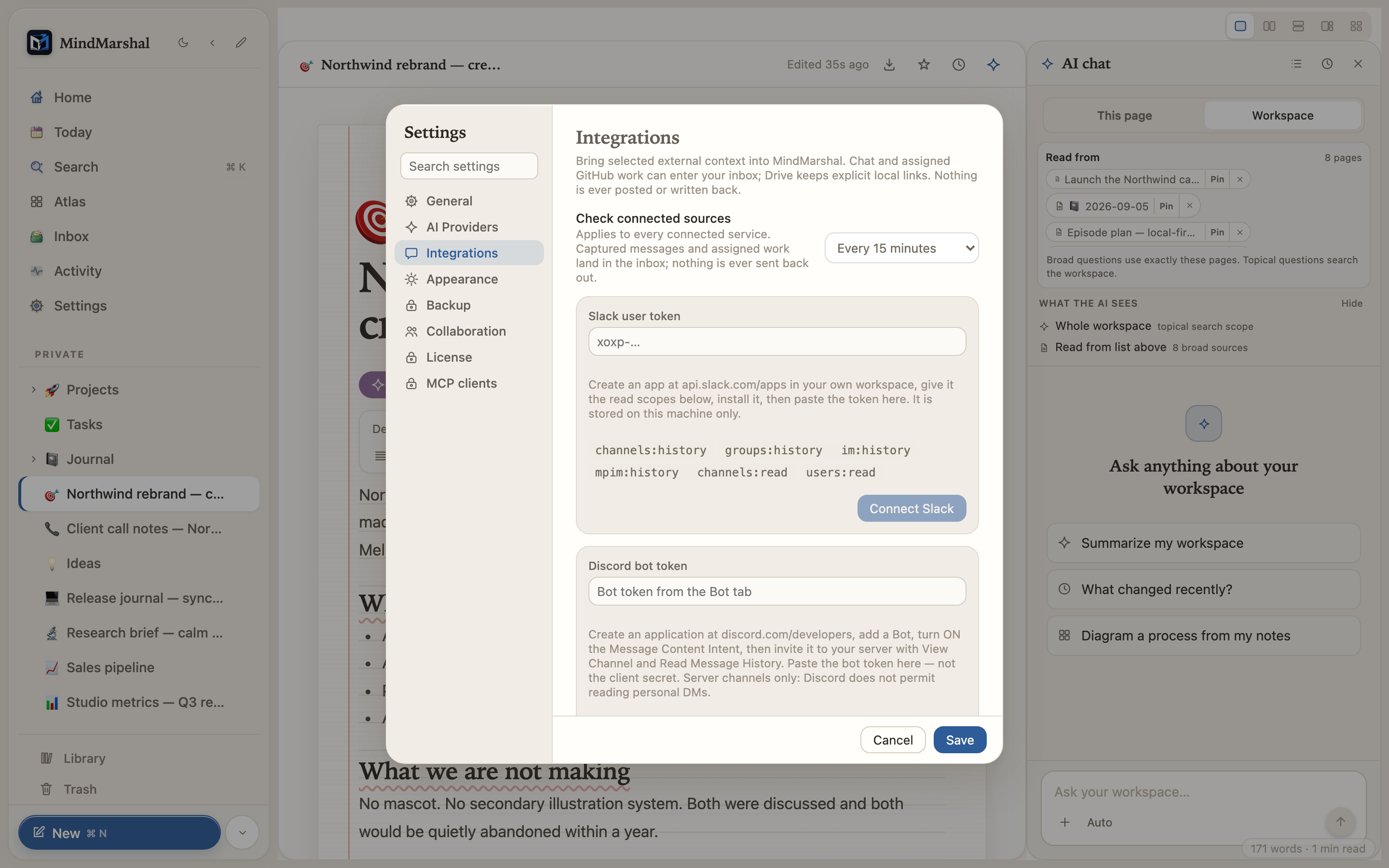 Mind Marshal — the Slack integration settings screen.
