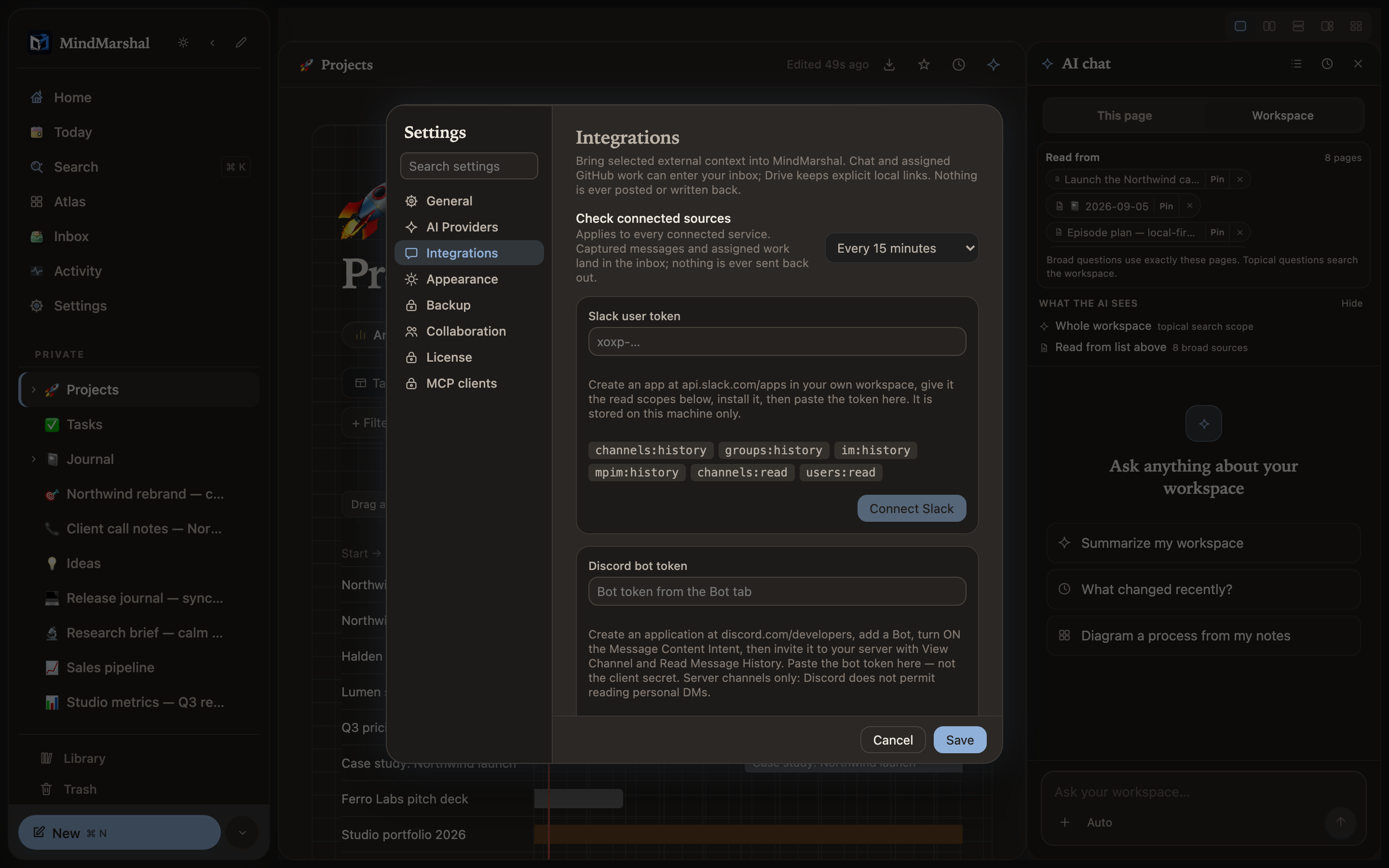 Mind Marshal — the Slack integration settings screen in dark mode.