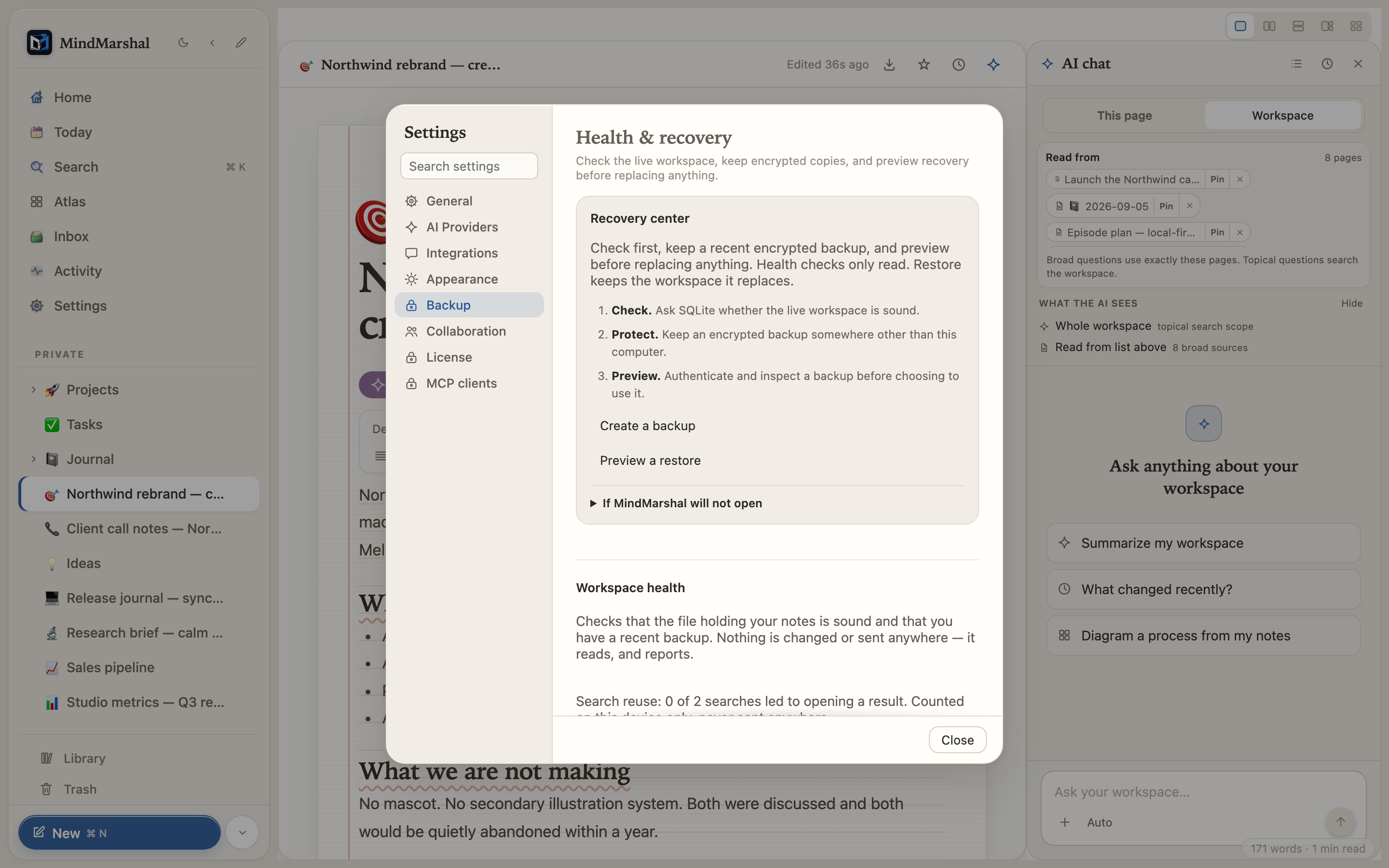 Mind Marshal — the encrypted backup settings screen.
