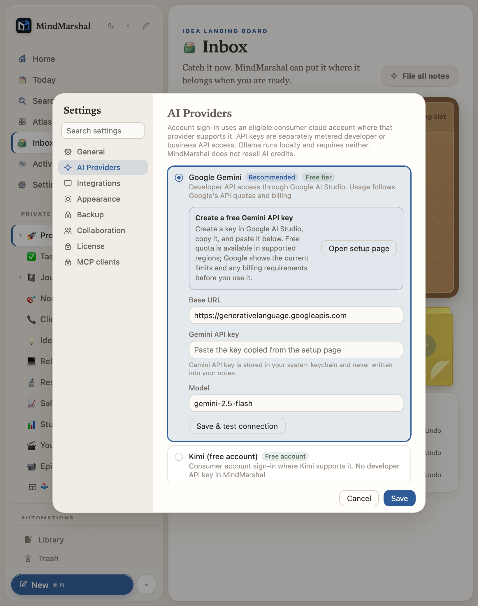 A close view of the AI Providers settings pane listing seven provider options.