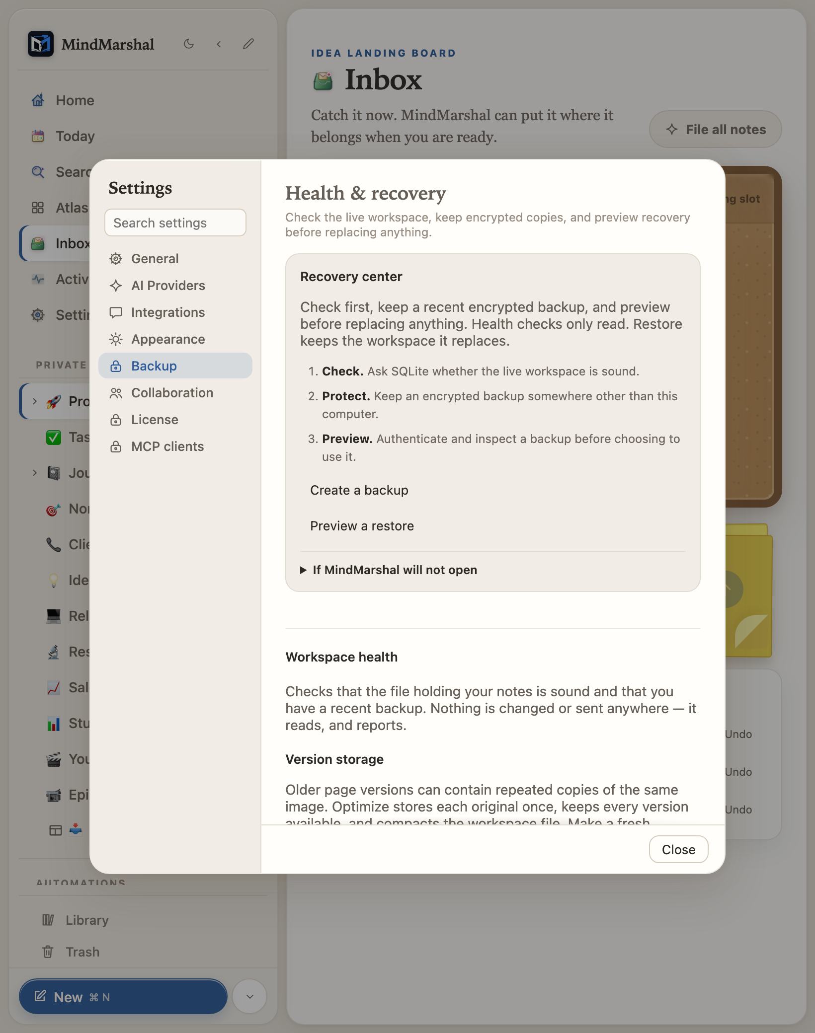 The Backup settings pane explaining that notes live in one file on this computer and offering encrypted backup and restore.