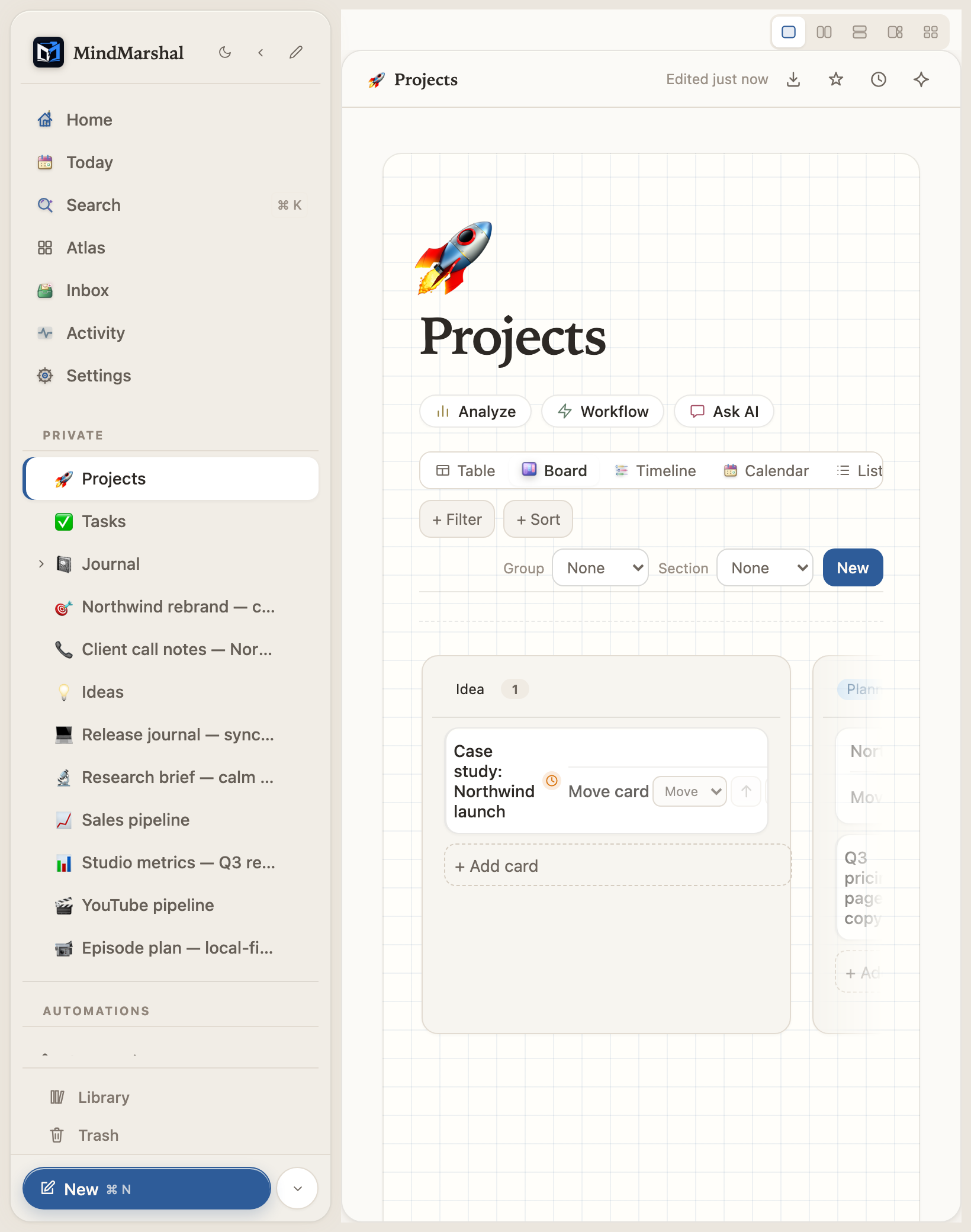A close view of board columns showing Planning, In progress and Done with project cards.
