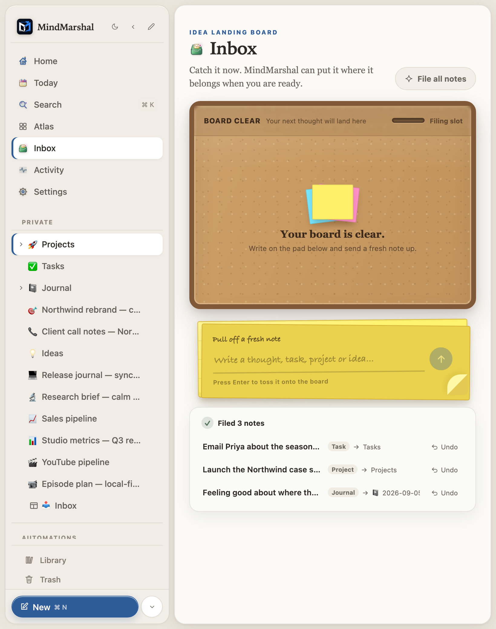 A close view of the Inbox showing captured items filed to their destinations with undo links.