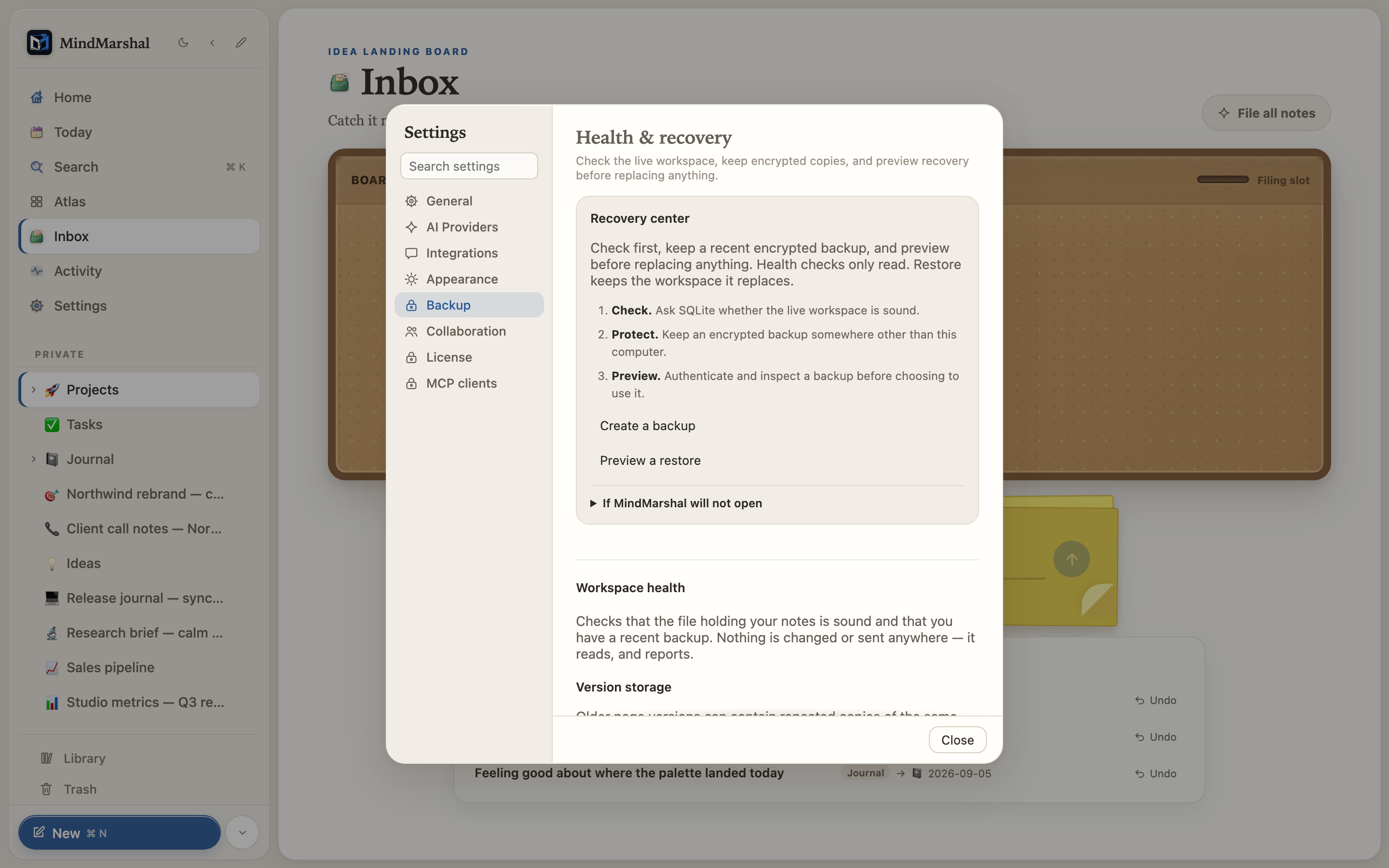 Mind Marshal — the Backup settings pane offering to create or restore an encrypted backup.