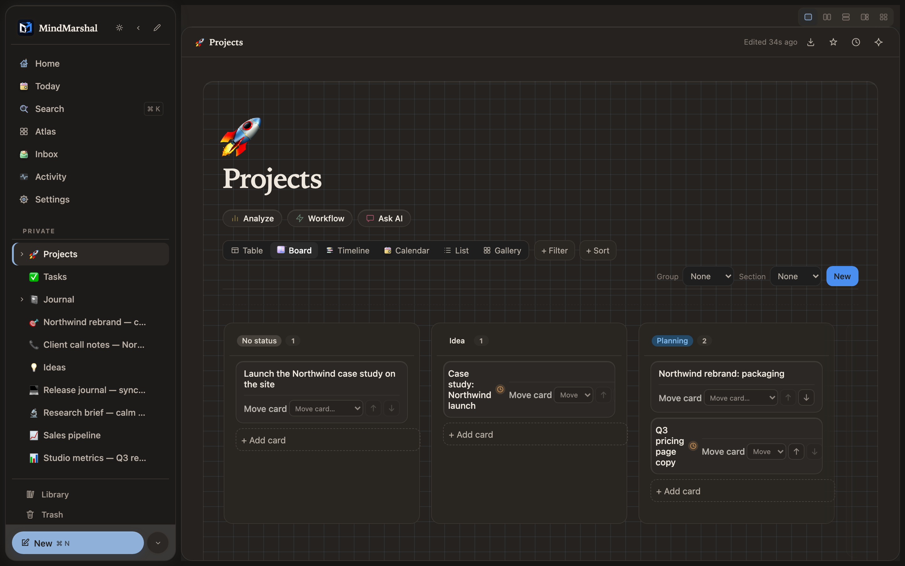 Mind Marshal — a project board rendered in dark mode.
