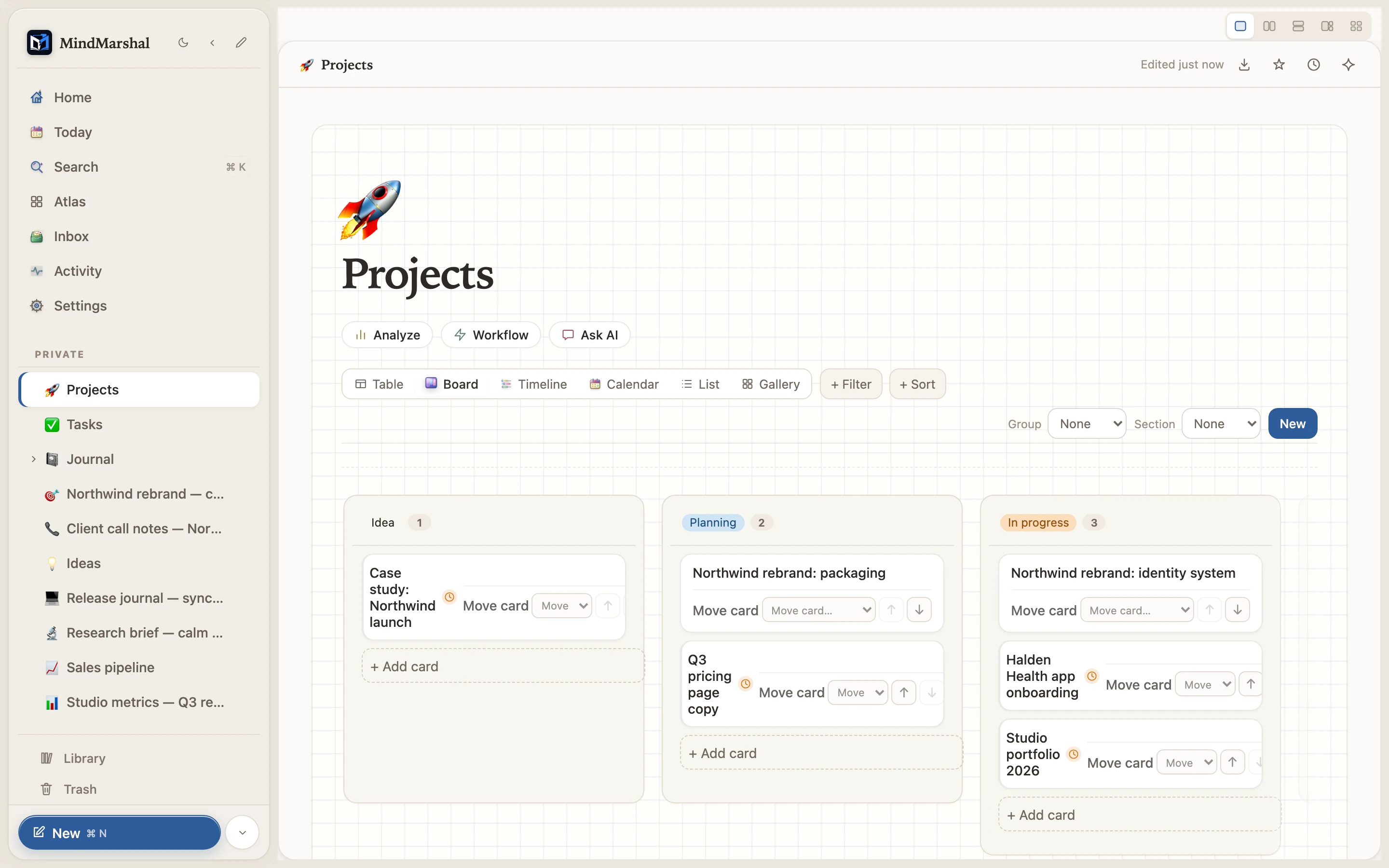 Mind Marshal board view showing project cards grouped by progress