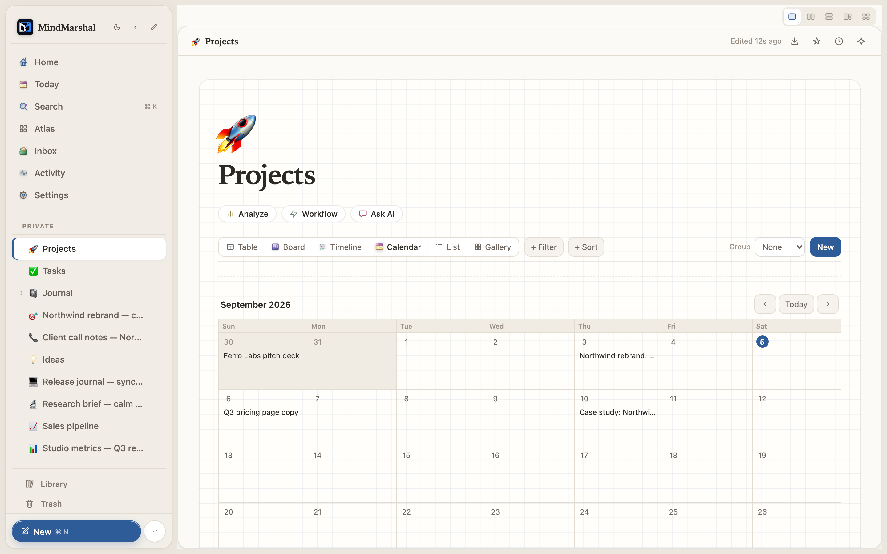 Mind Marshal — a month calendar populated with project entries.