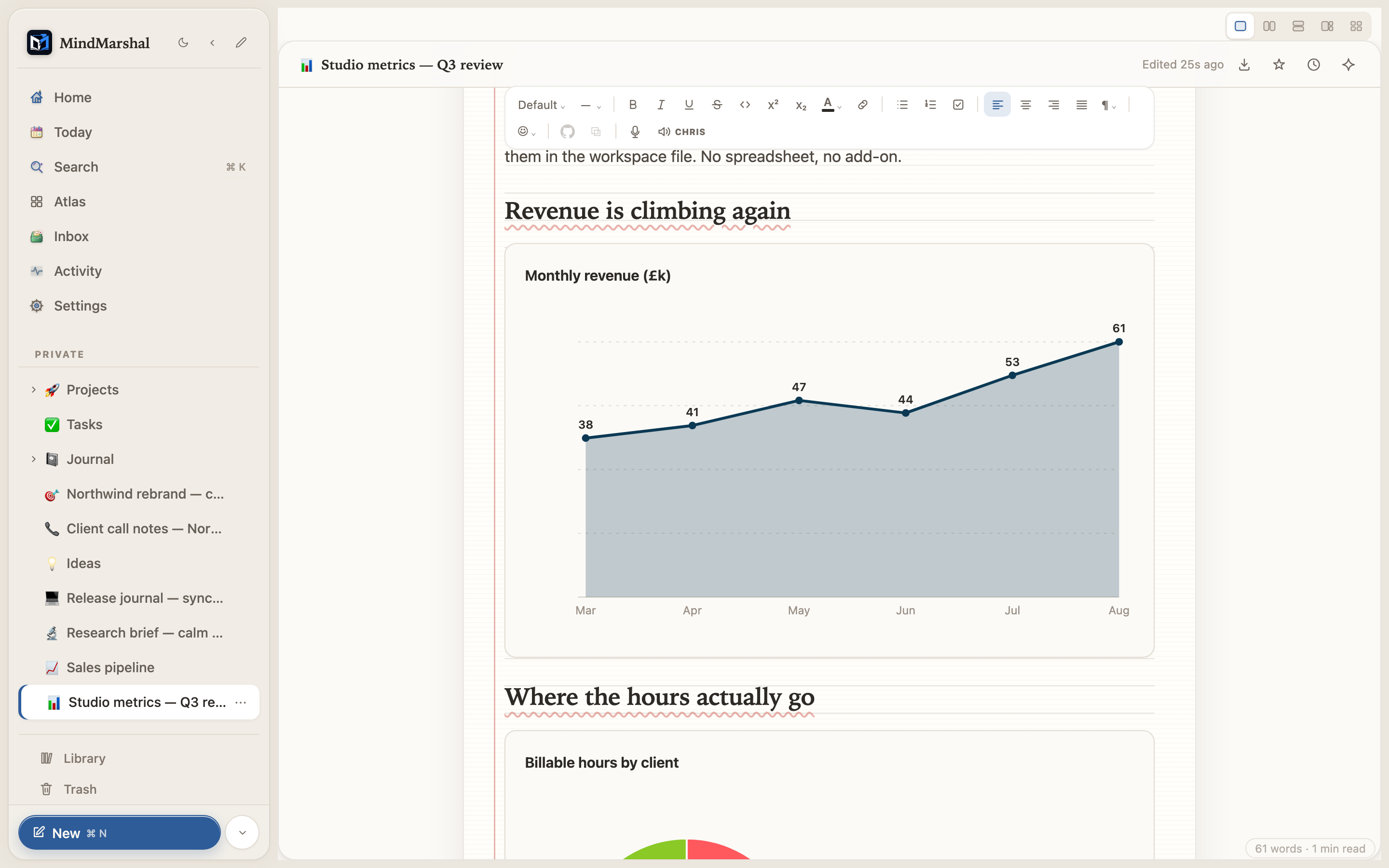 A Mind Marshal page of live chart blocks: a revenue area chart, a billable-hours donut, and a grouped pipeline chart.