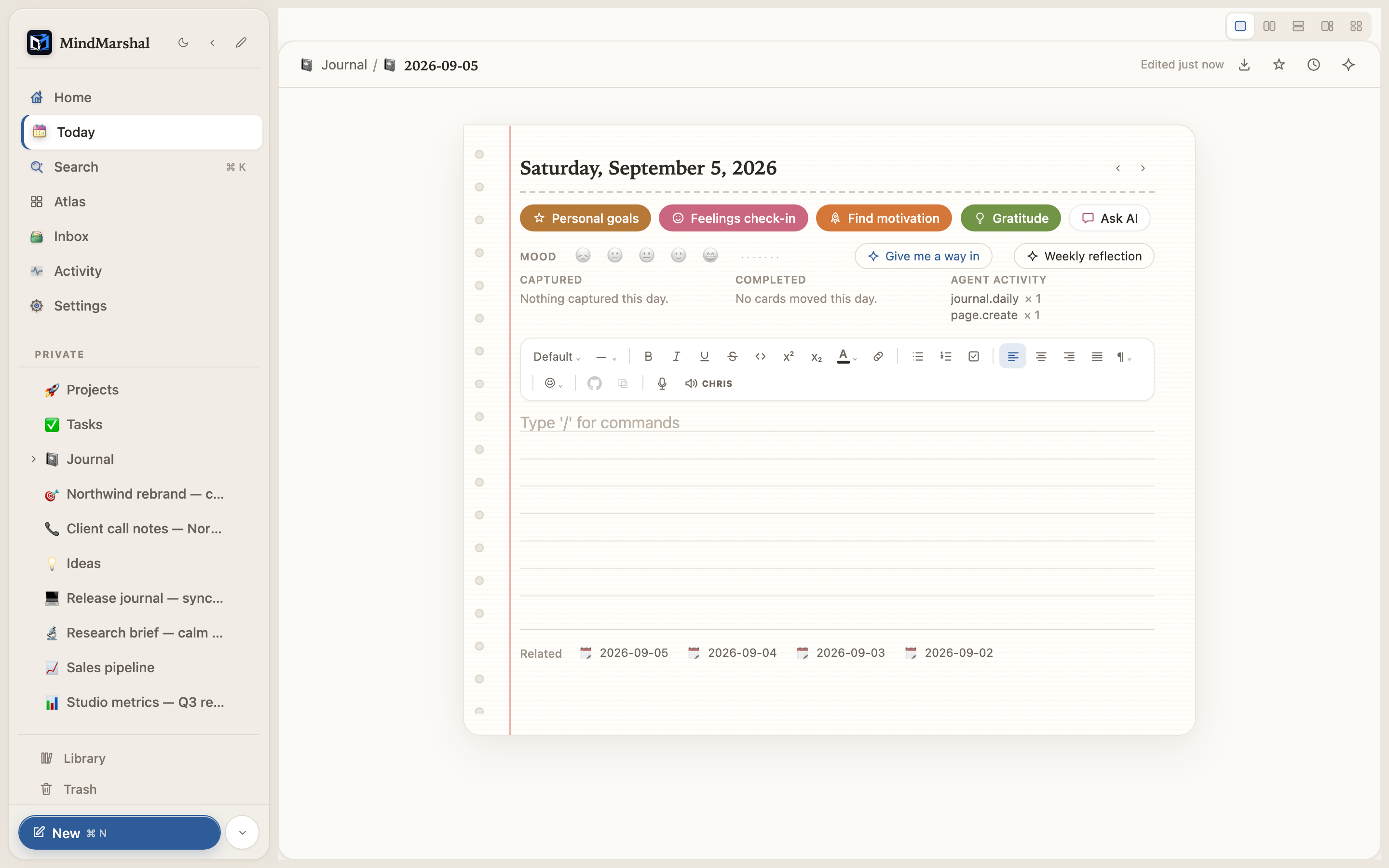Mind Marshal daily journal recording reflections and the day's connected work.