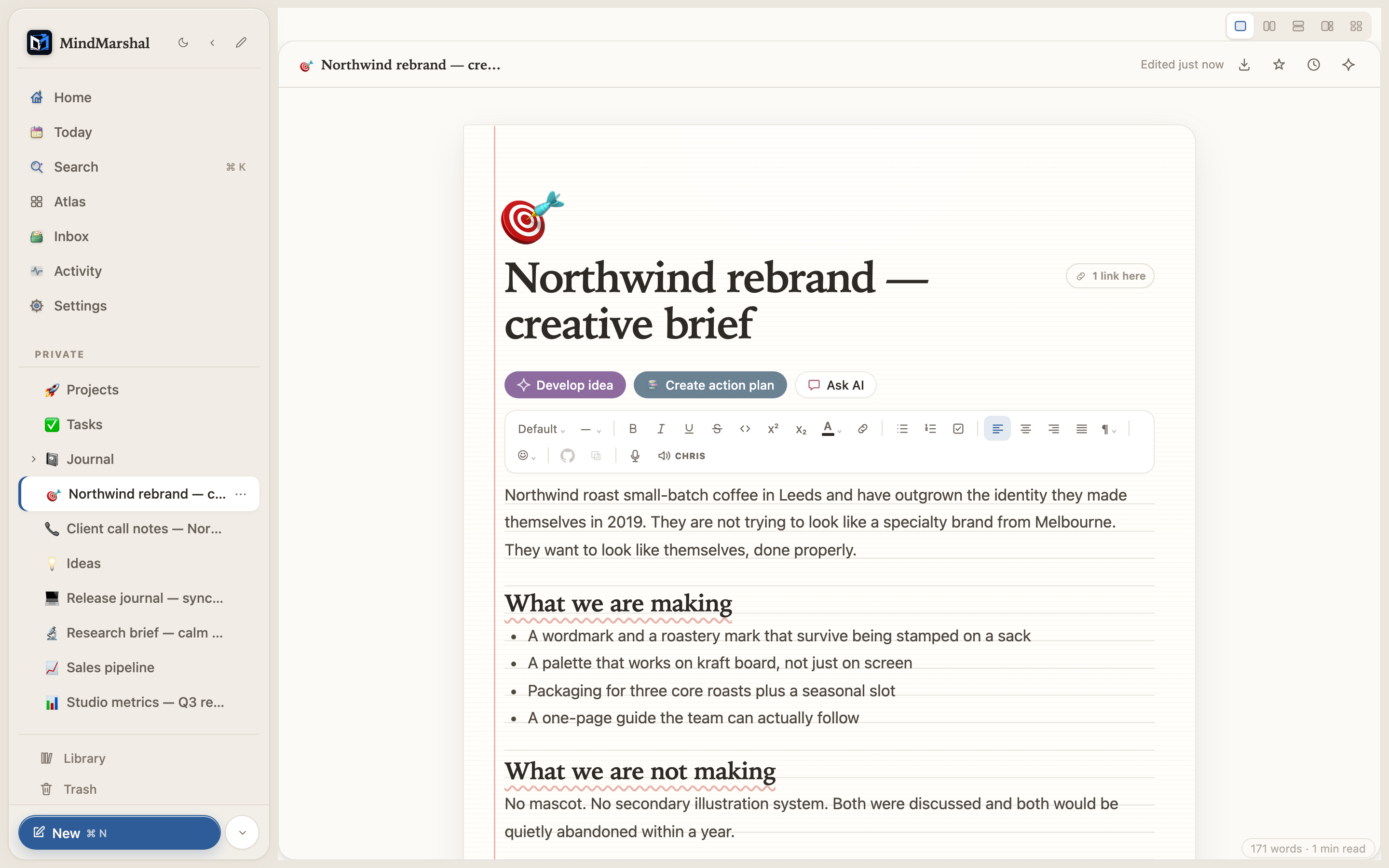A structured page in the Mind Marshal block editor.