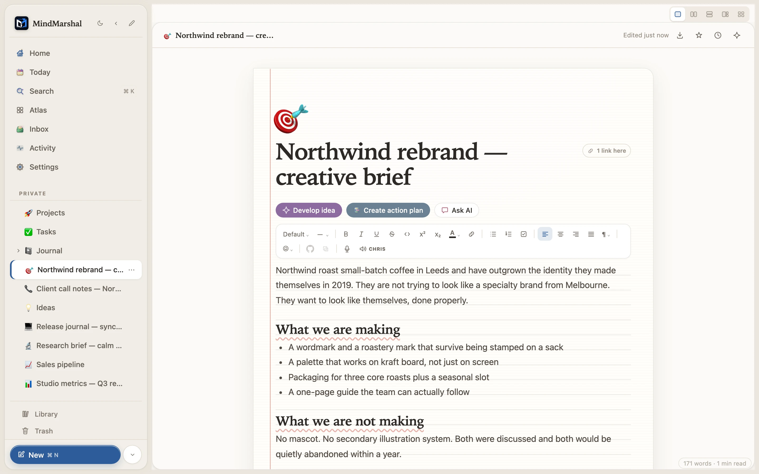 Mind Marshal block editor showing an editable workspace page