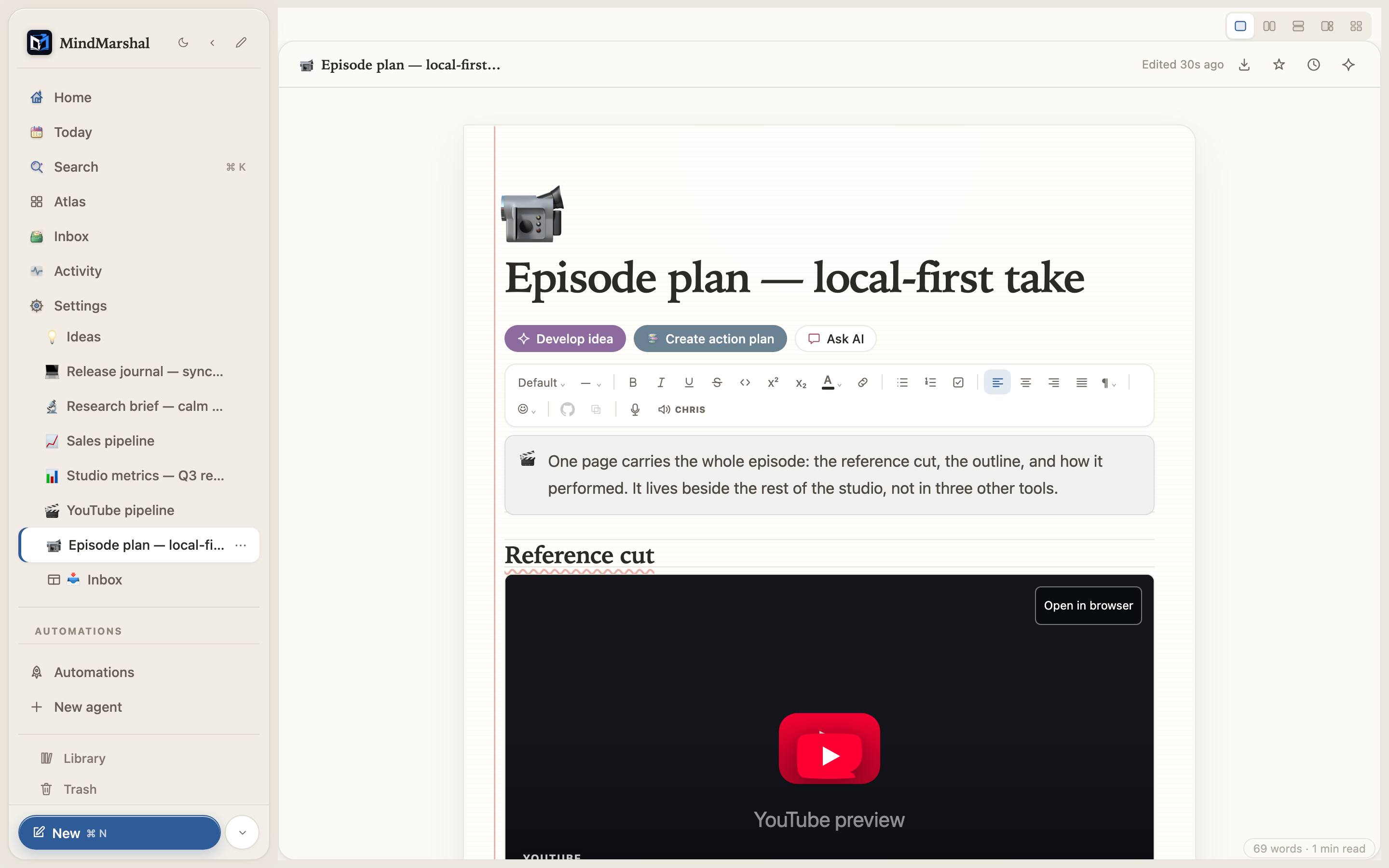 A Mind Marshal episode plan embedding a YouTube video beside a script outline and a views chart.