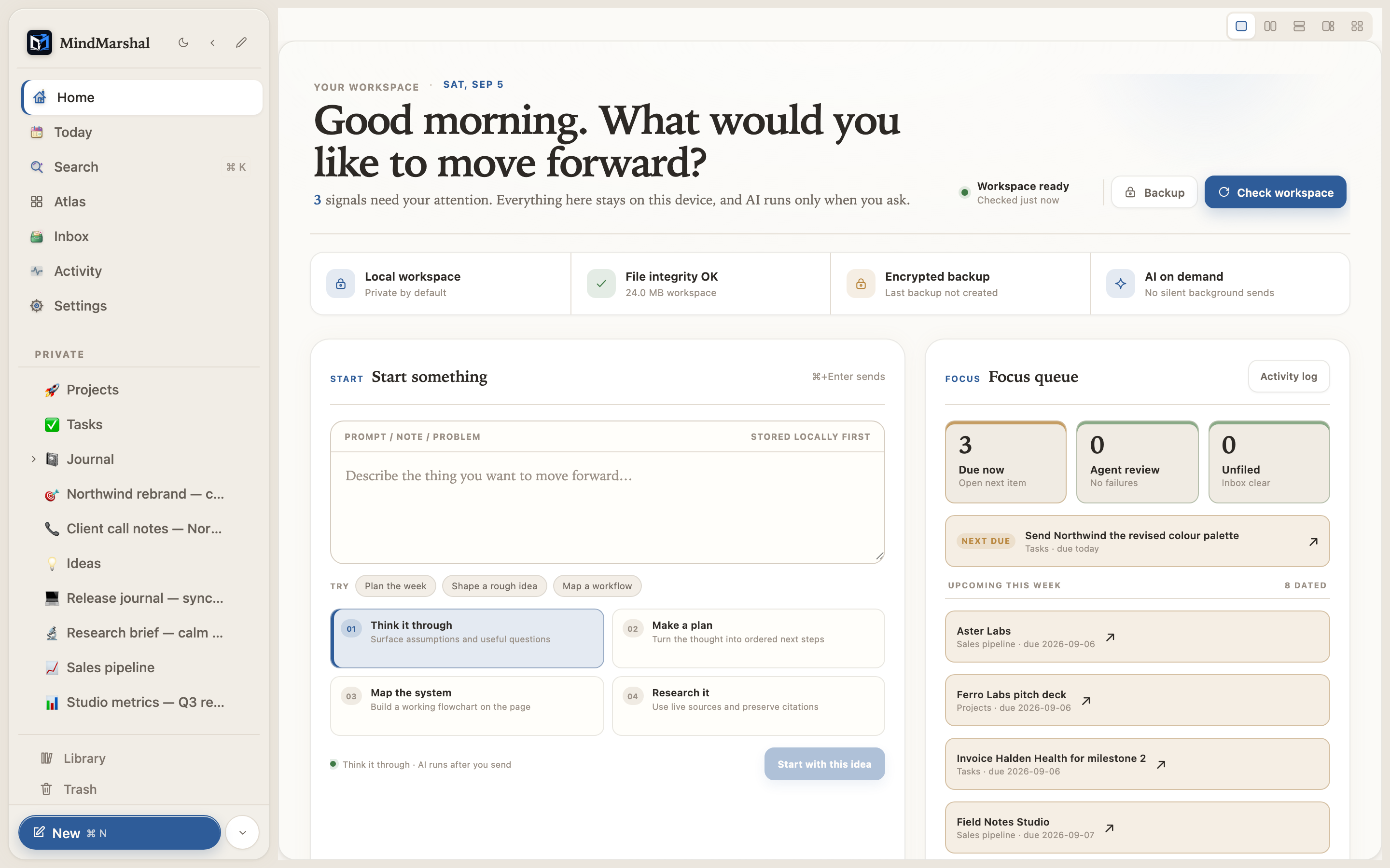 The Mind Marshal Home view showing today&rsquo;s focus, recent entries, and calendar events.