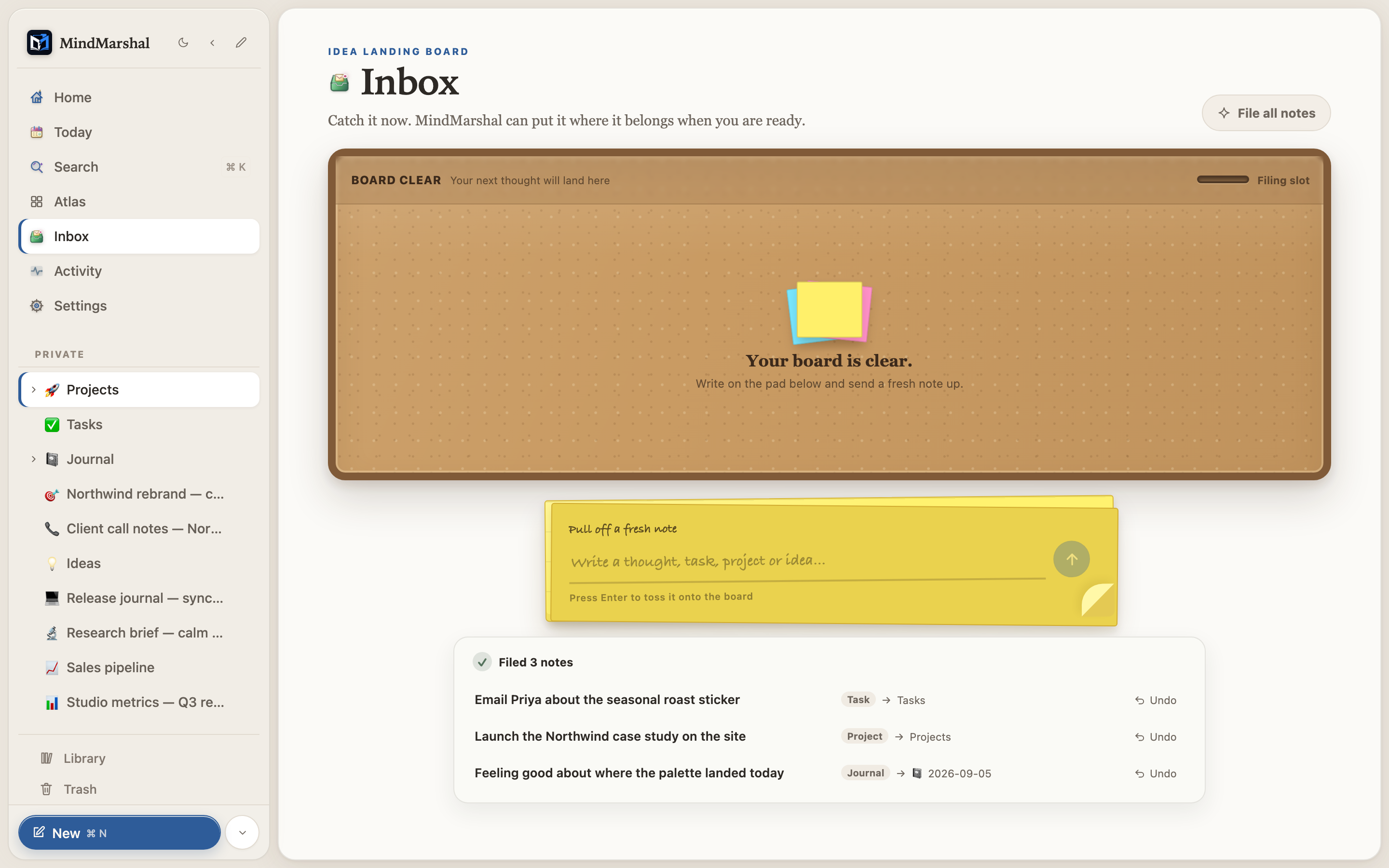 The Mind Marshal Inbox with captured items ready to organize.