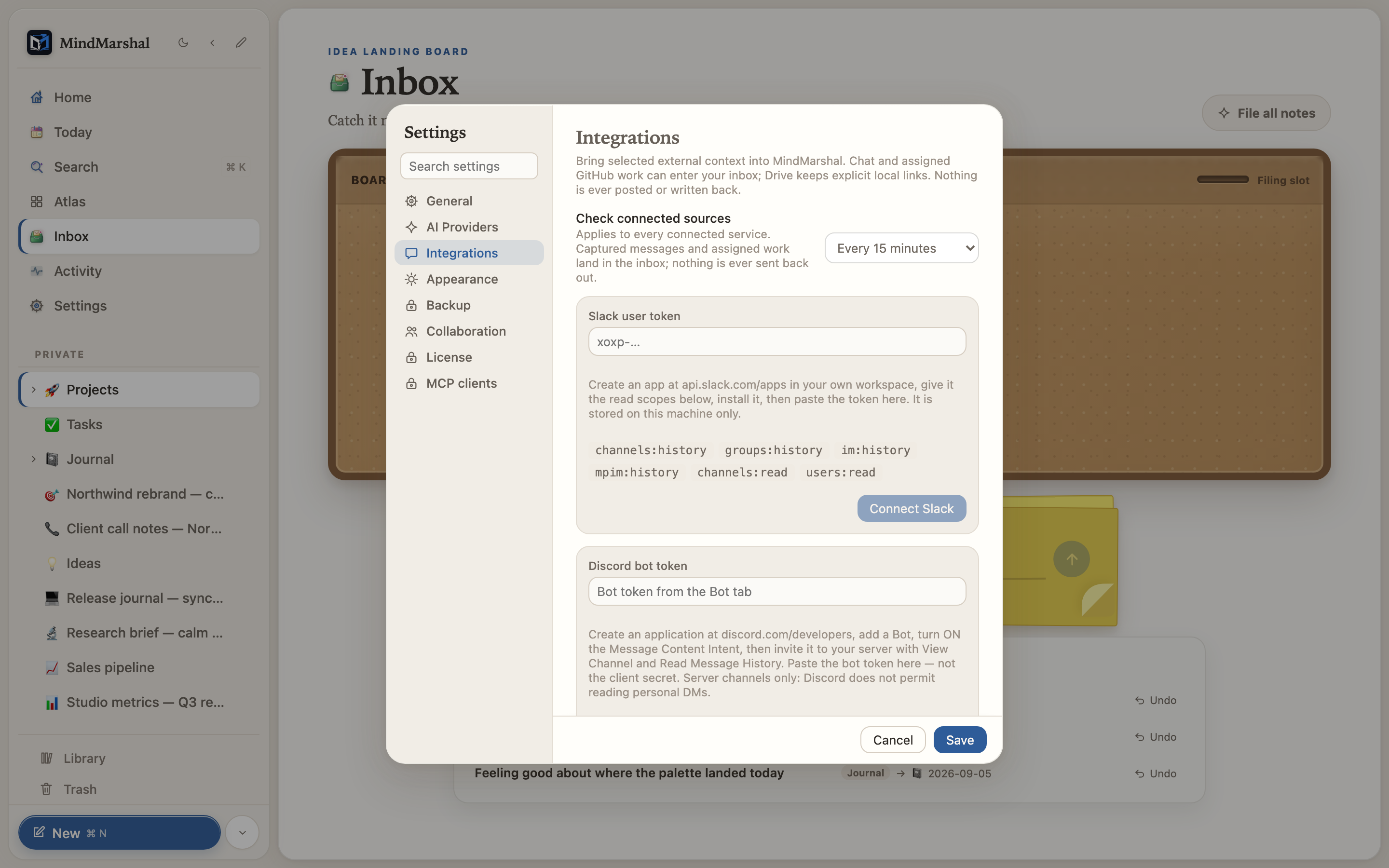 Mind Marshal — the Integrations settings pane with Slack and Discord token fields.