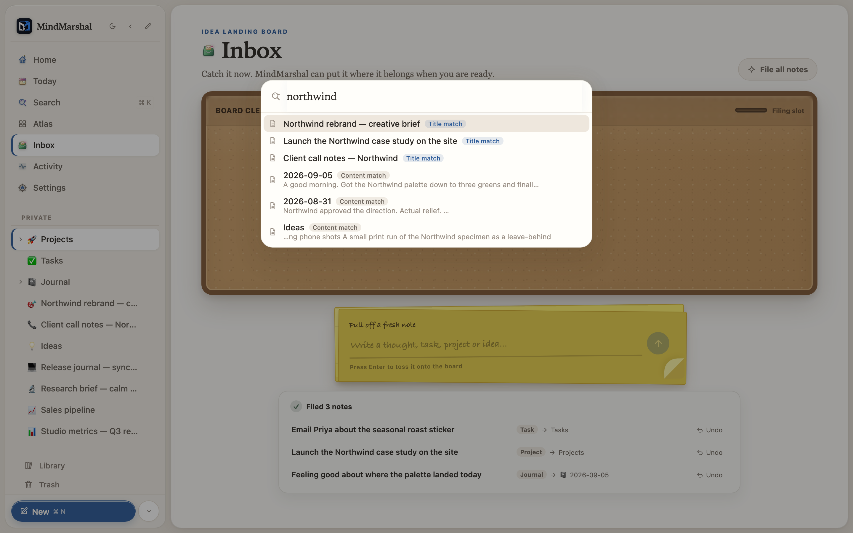 Mind Marshal — search results for Northwind showing matching pages and content snippets.