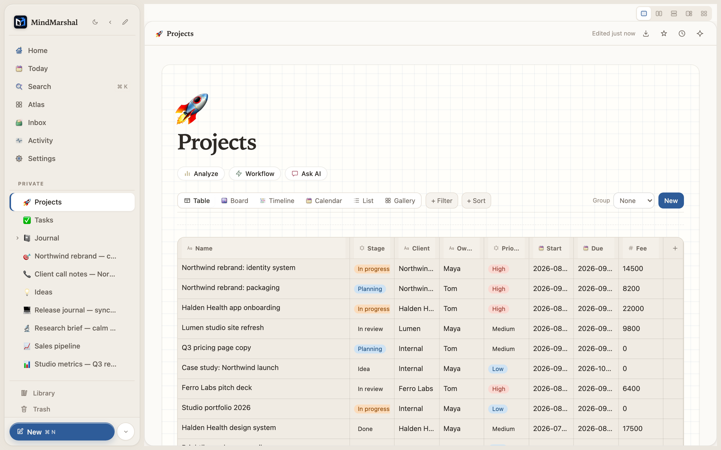 A close view of a table view with Name, Stage, Priority and DoD columns and project rows.