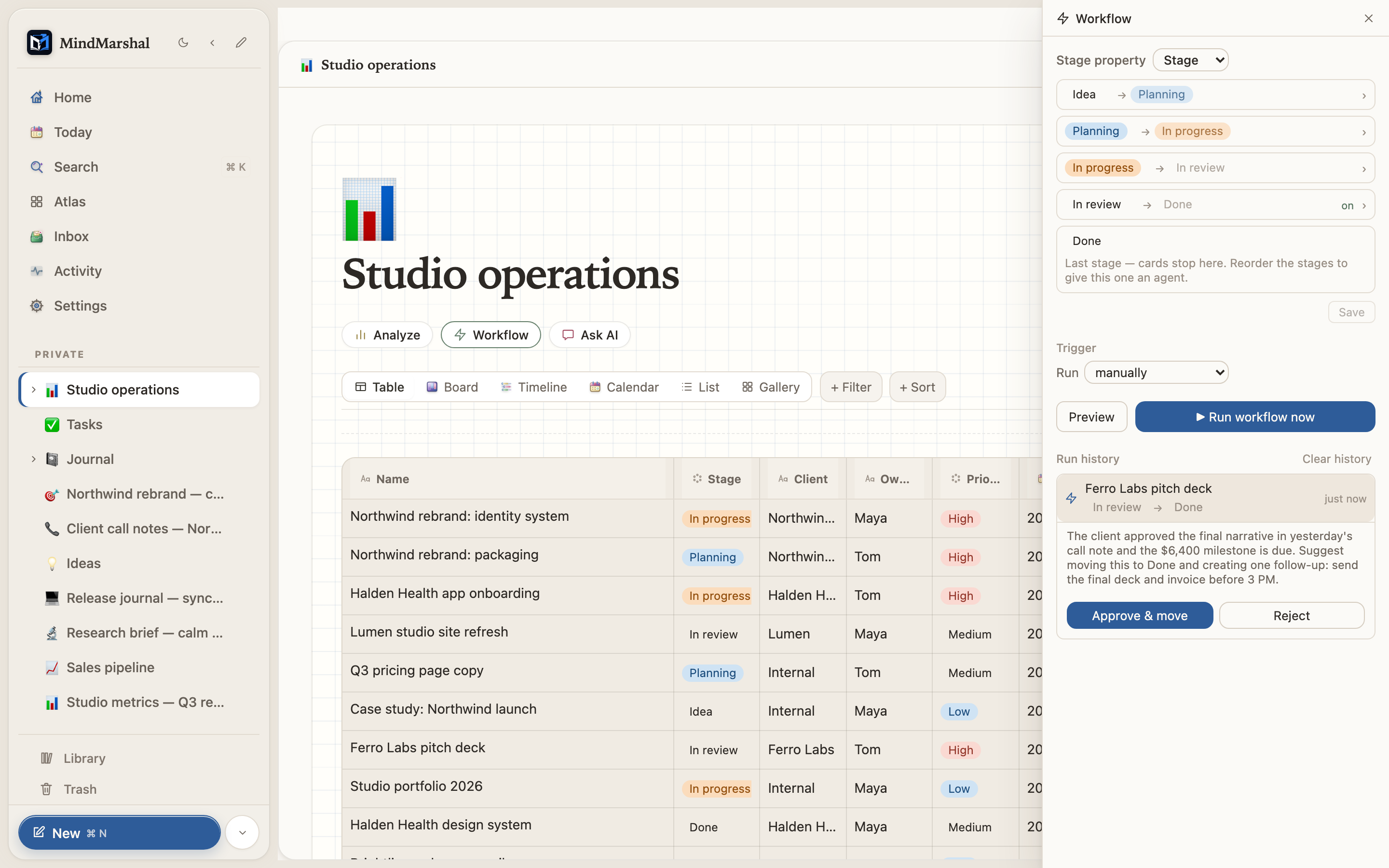 Mind Marshal — a small-business home dashboard with projects and current commitments.