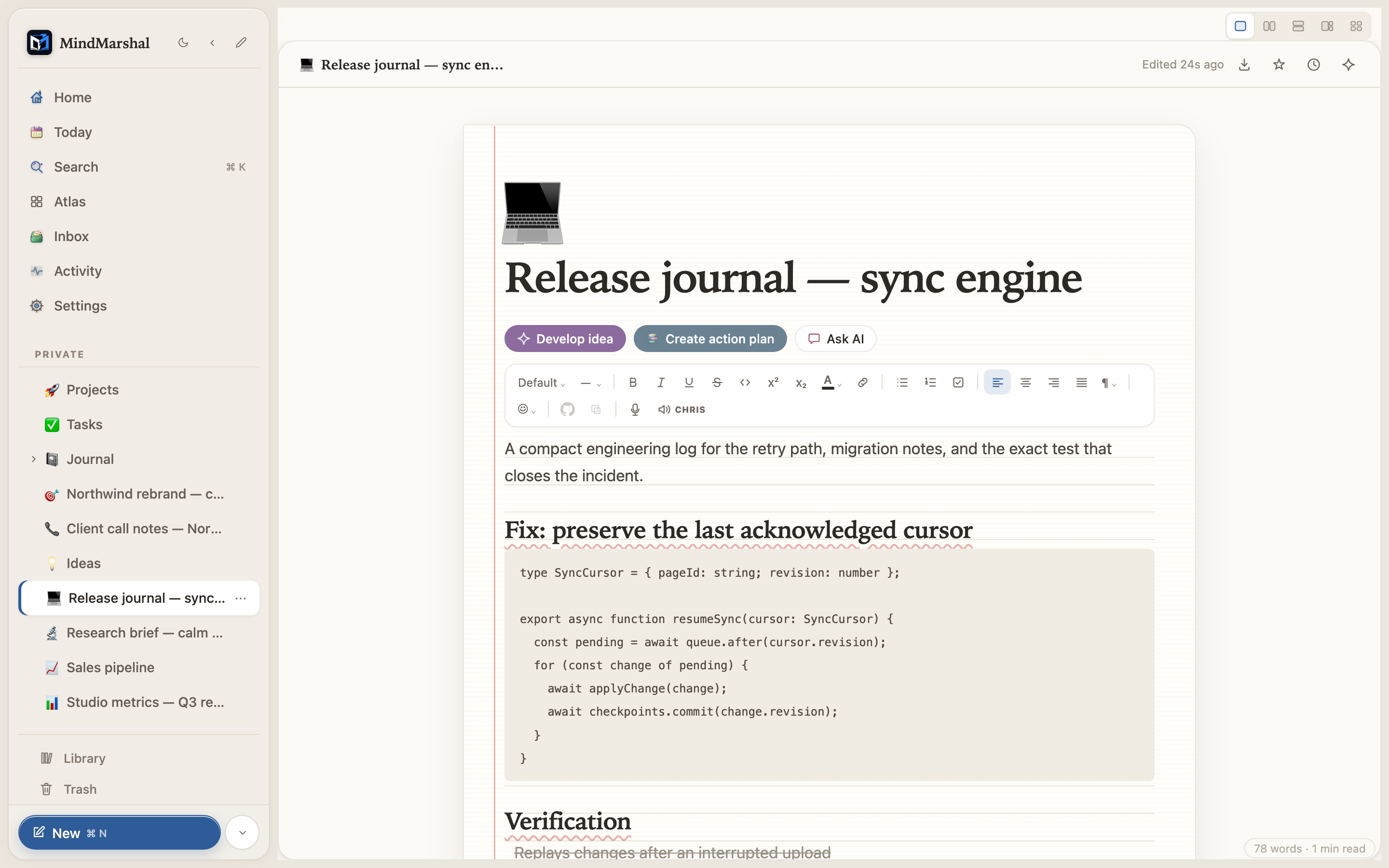 Mind Marshal developer journal with a clearly visible syntax-highlighted TypeScript code block and verification checklist.