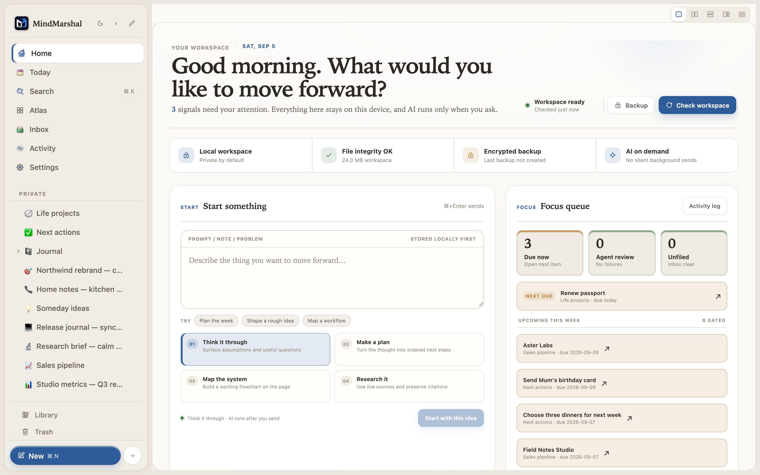 Mind Marshal morning dashboard with a journal prompt, due personal tasks, calendar events, and recent entries.