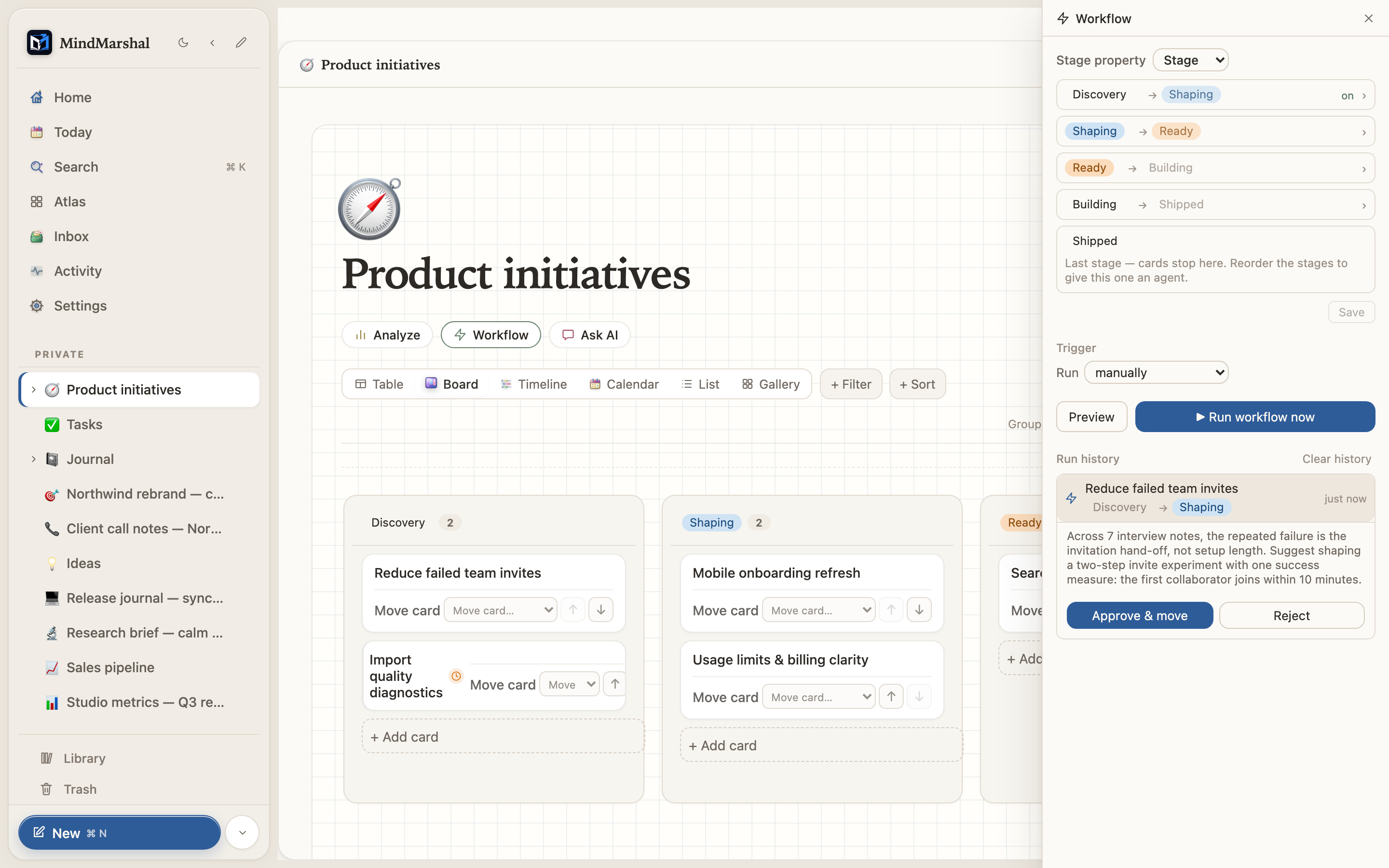 Mind Marshal — a product roadmap displayed across a project timeline.