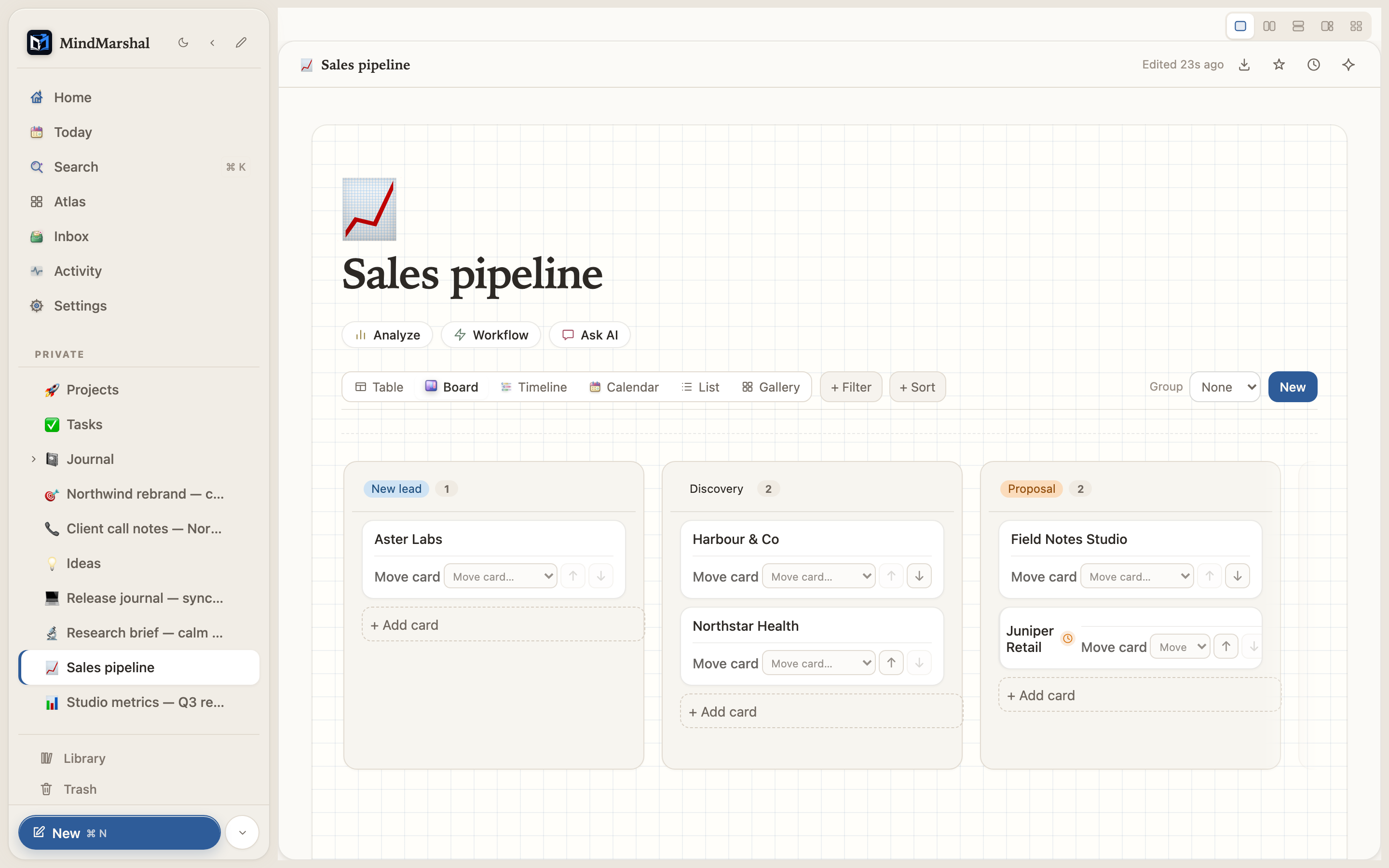 Mind Marshal — a sales pipeline board with deal stages, values, and follow-up work.