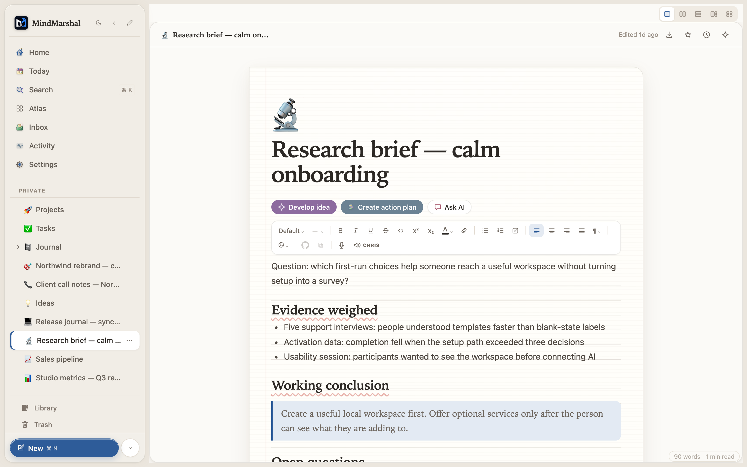 Mind Marshal — a structured research brief weighing evidence and tracking unanswered questions.