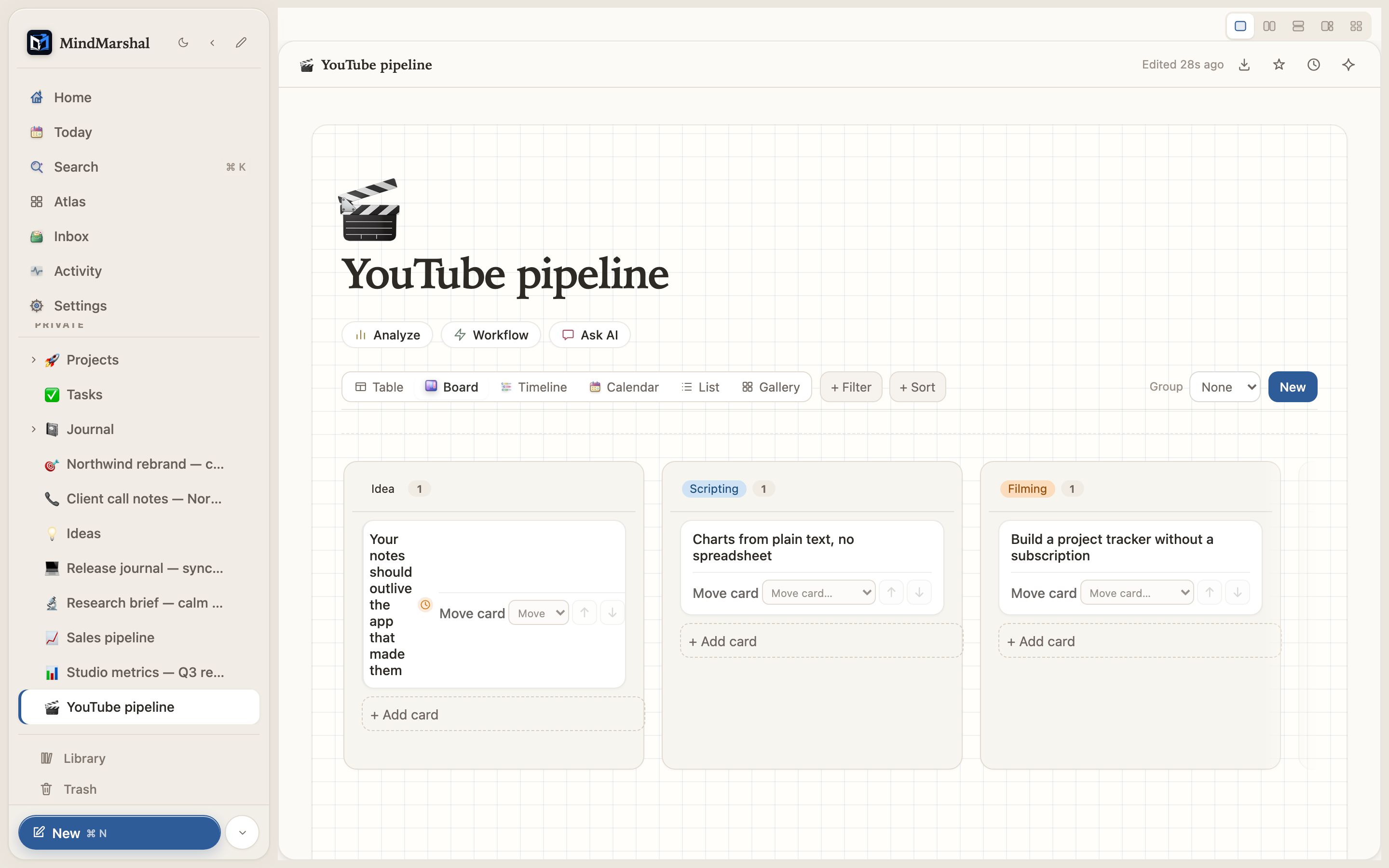 A Mind Marshal YouTube pipeline board with episodes moving from Idea to Scripting to Filming.